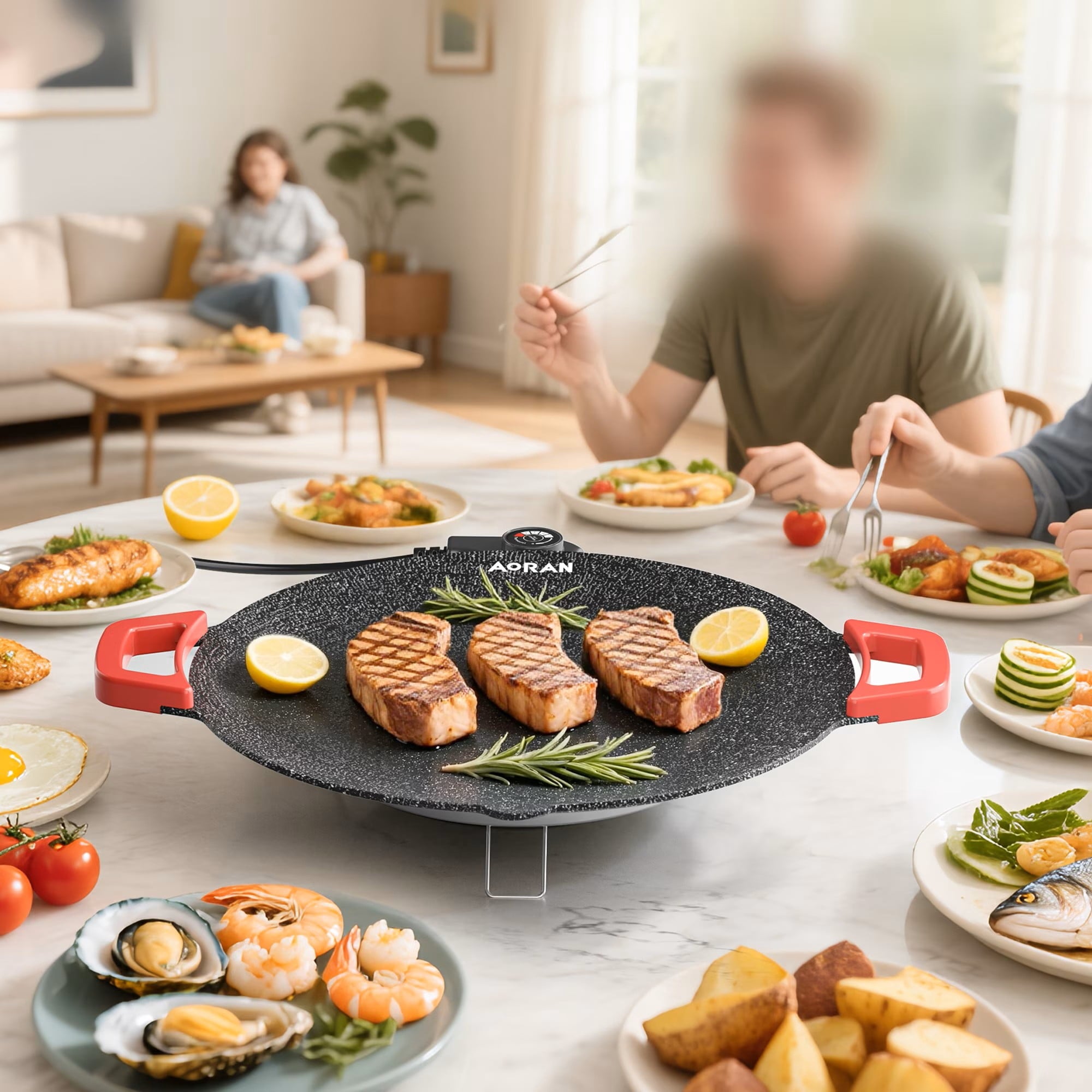 AORAN KITCHEN Indoor Electric Grills - 16in Nonstick Smokeless Griddle for Use, Compact & Versatile Cooking for Steaks, Pancakes, and BBQ