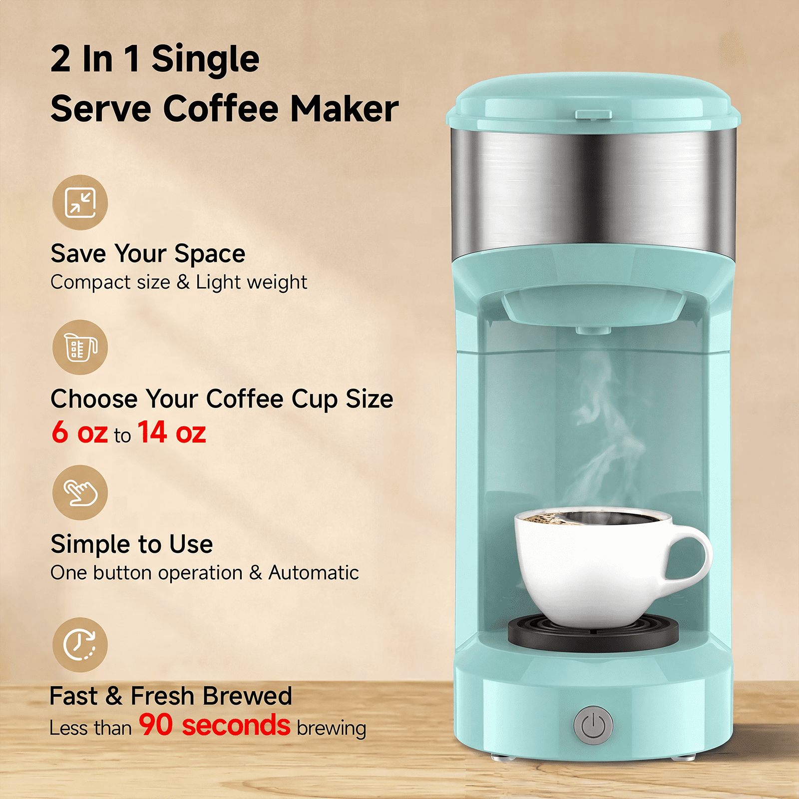 Single Serve Coffee Maker for K Pod - 2-in-1 Coffee Maker Single Serve & Ground Coffee Brewer, Quick Brew 6 to 14oz Brew size Carefree Auto Shut Off Small Coffee Machine for Apartment