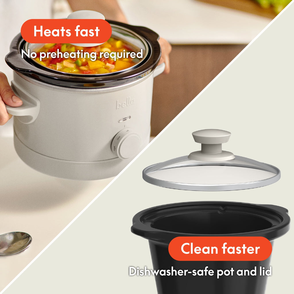 bella 1.5 Qt Manual Slow Cooker with 3 Heat Settings - Ceramic Nonstick Coating, Dishwasher Safe Pot & Tempered Glass Lid, Oatmilk