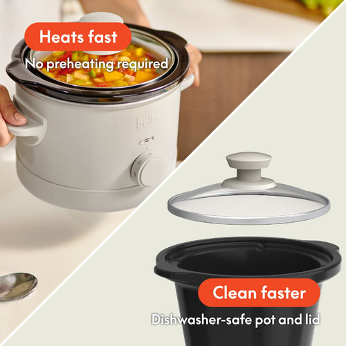 bella 1.5 Qt Manual Slow Cooker with 3 Heat Settings - Ceramic Nonstick Coating, Dishwasher Safe Pot & Tempered Glass Lid, Oatmilk