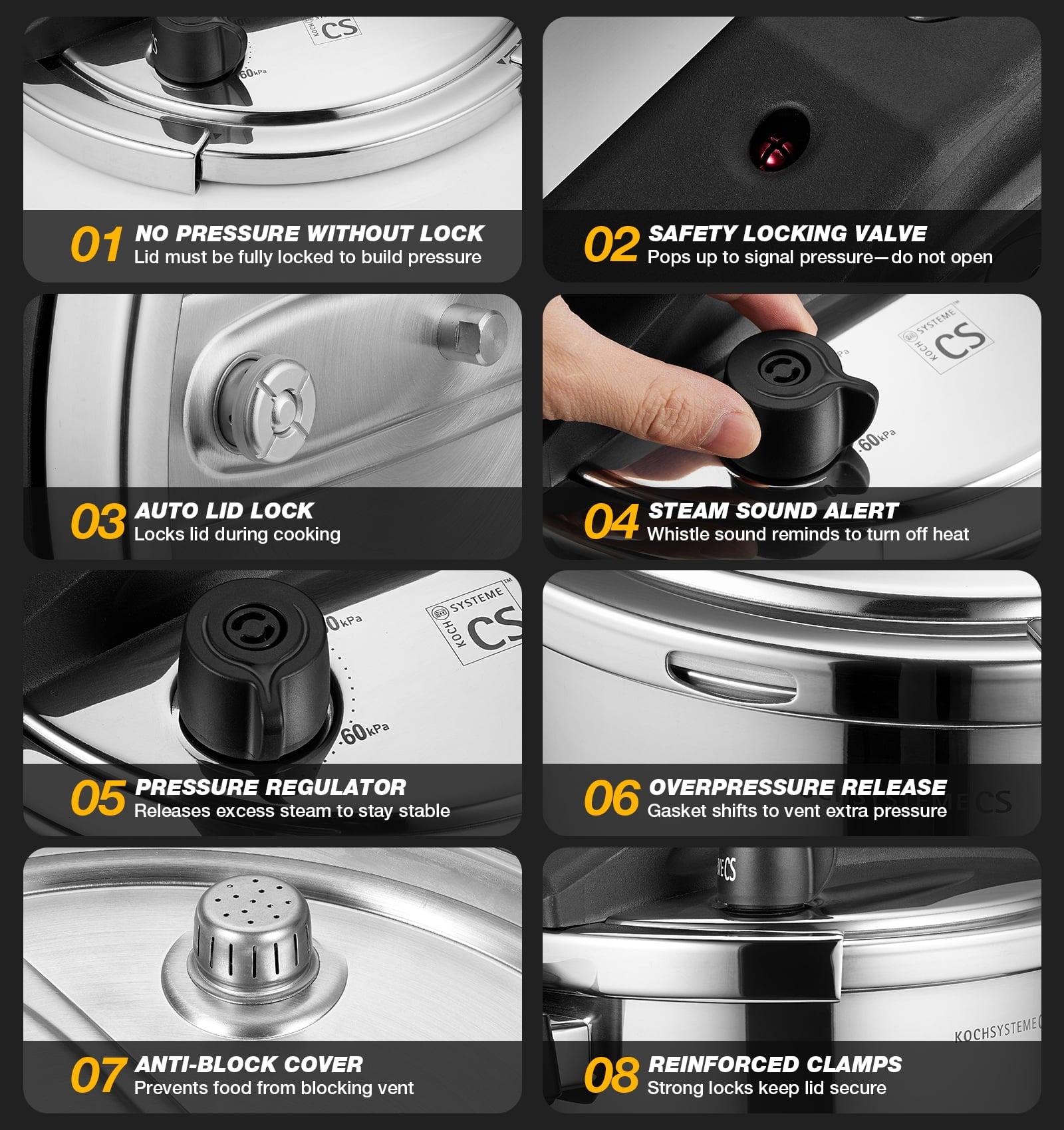 Koch Systeme CS 8.5-Quart Stainless Steel Pressure Cooker - 3-in-1 Olla de Presion, One-Hand Locking, Induction Pressure Cooker, Glass Lid & Steamer
