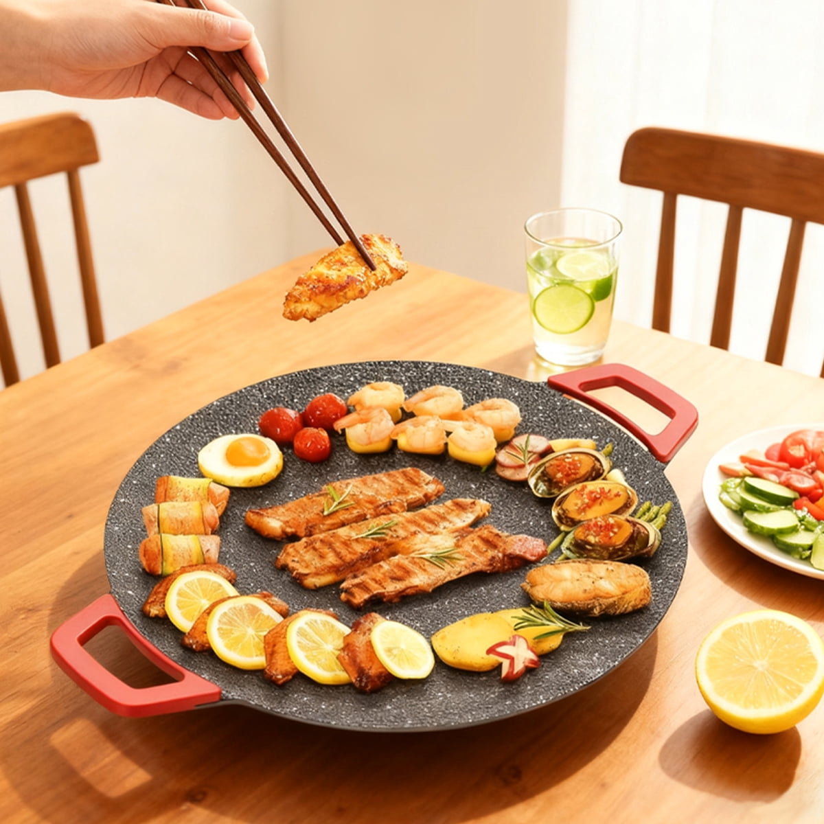 Electric Indoor Grill - 14 inch Nonstick Smokeless Round Griddle with Temperature Control for Kitchen BBQ Steak Pancakes