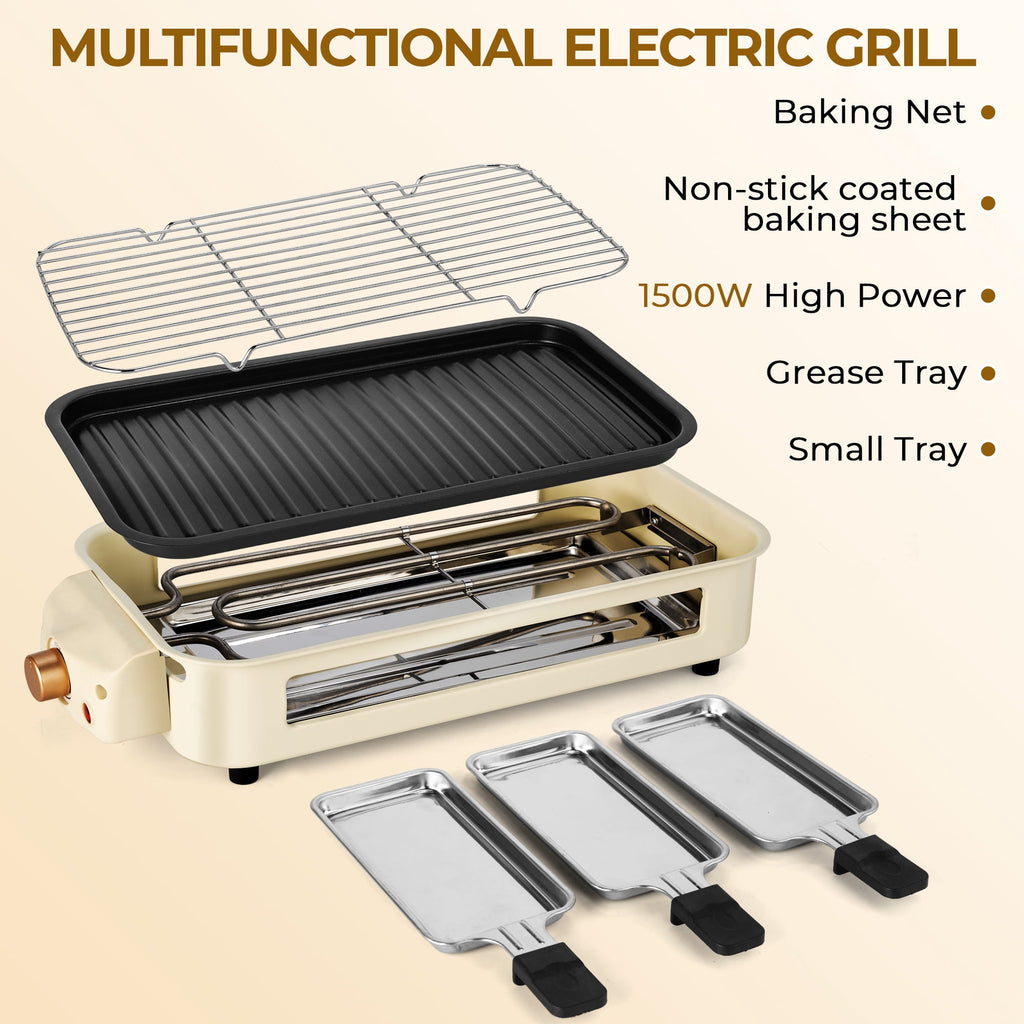 SUSLAS Electric Indoor Grill & Griddle - 1500W Smokeless Design with 3 Removable Nonstick Plates, Dishwasher Safe, Adjustable Temperature Control for Indoor Cooking(beige)