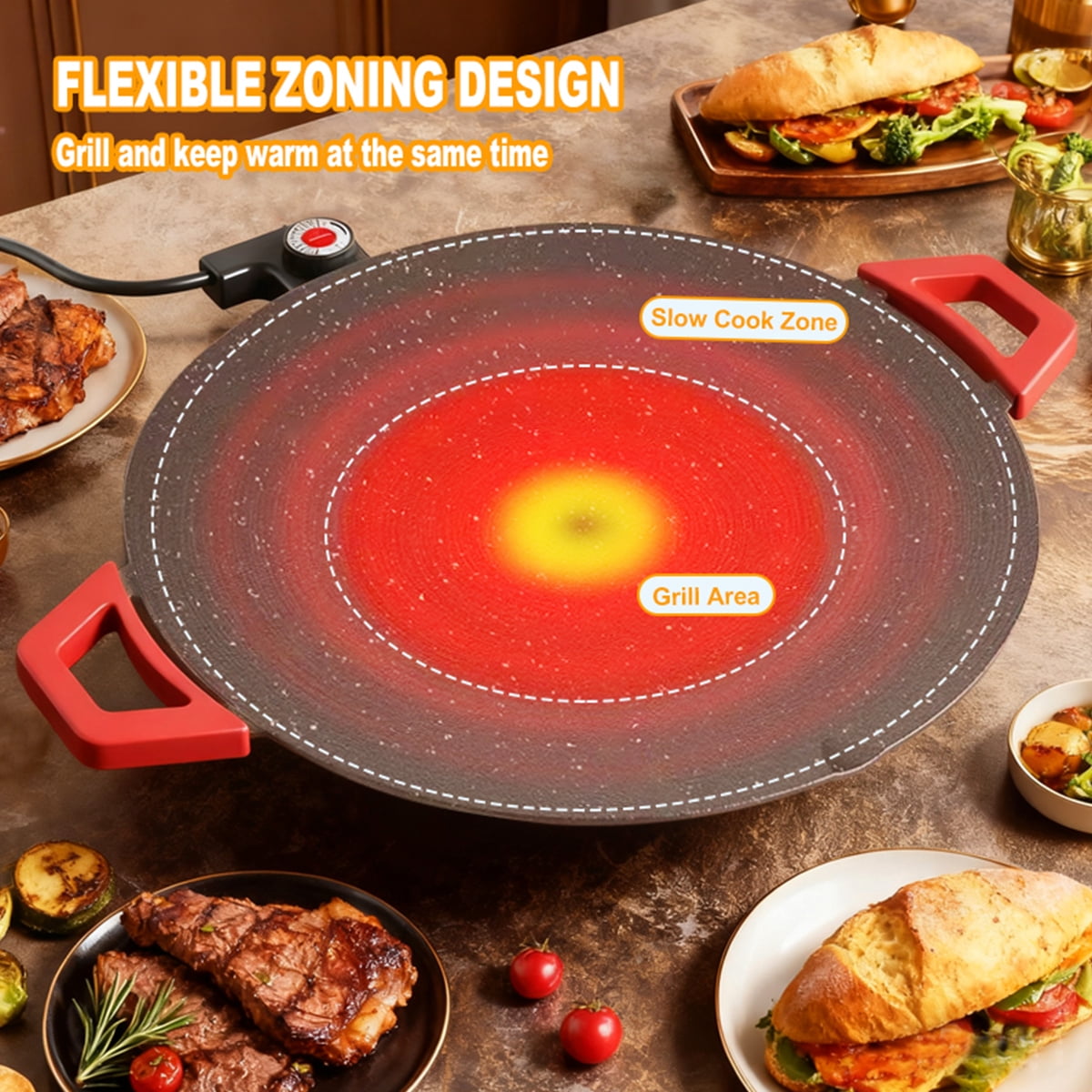 Electric Indoor Grill - 14 inch Nonstick Smokeless Round Griddle with Temperature Control for Kitchen BBQ Steak Pancakes