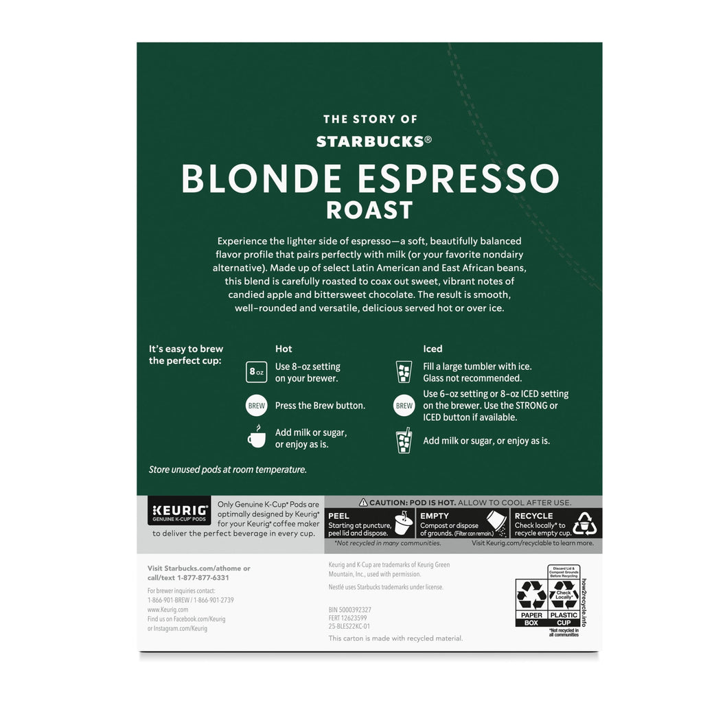 Starbucks K-Cup Coffee Pods - Starbucks Blonde Espresso Roast Hot or Iced Coffee, 22 Keurig Pods 8.9 oz