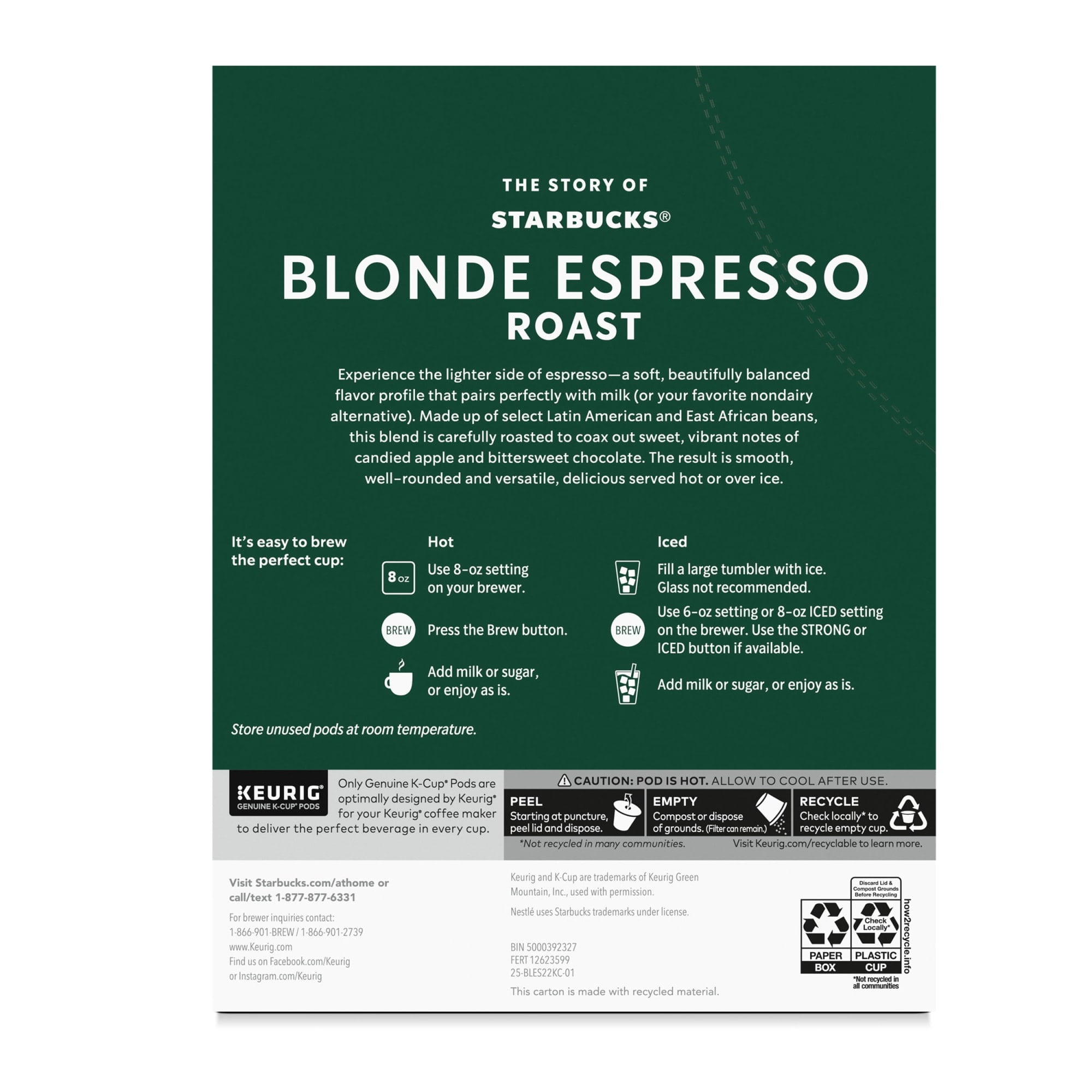 Starbucks K-Cup Coffee Pods - Starbucks Blonde Espresso Roast Hot or Iced Coffee, 22 Keurig Pods 8.9 oz