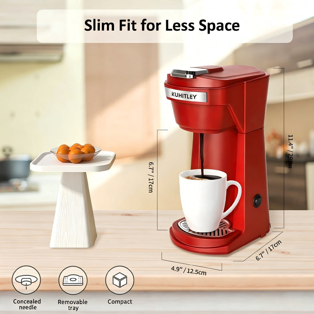 2 in 1 Single Serve Coffee Maker for K Cup Pods & Ground Coffee - Mini K Cup Coffee Machine with 6 to 14 oz Brew Sizes, Single Cup Coffee Brewer with One-Press Fast Brewing, Reusable Filters, Red
