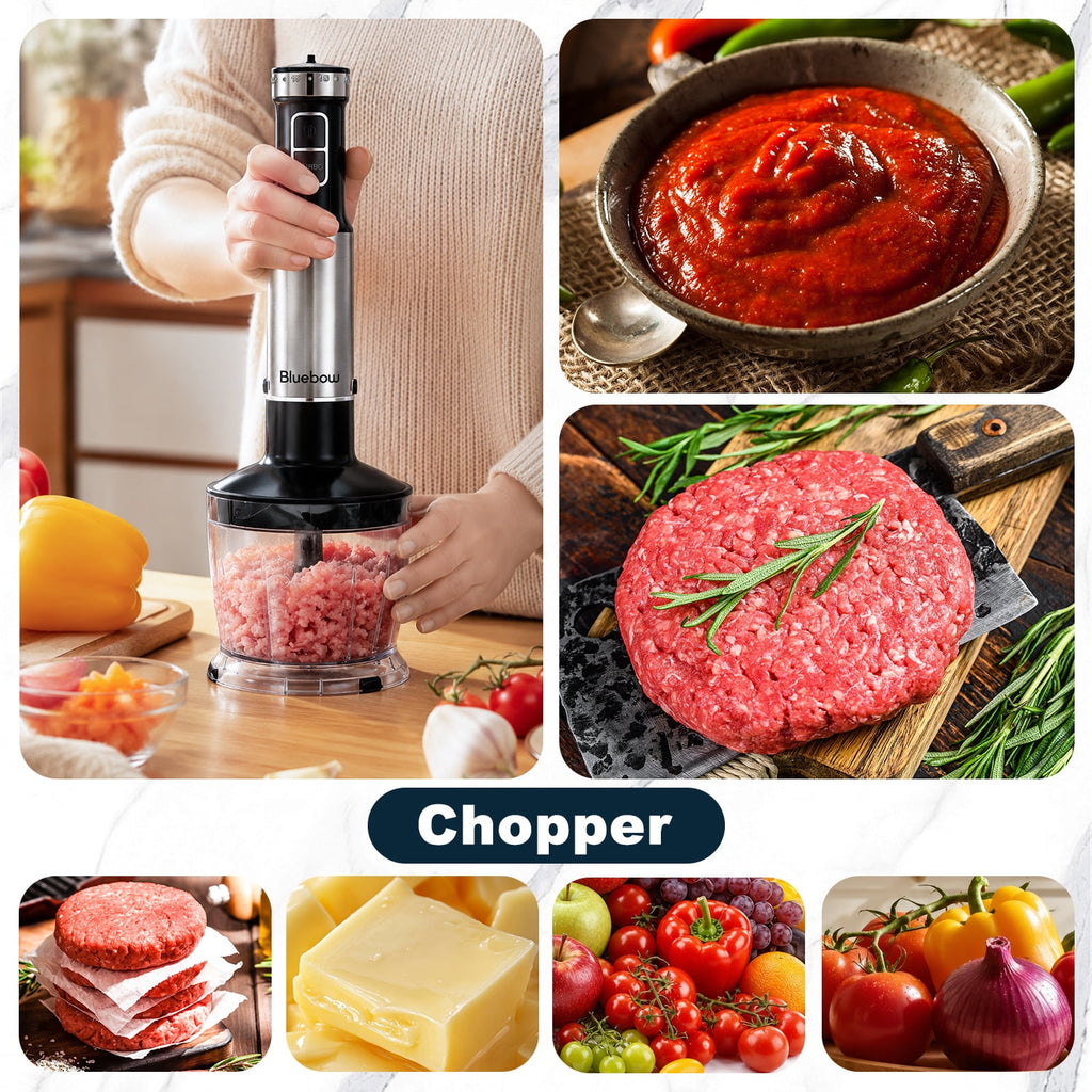 Bluebow Immersion Blender Handheld - 1100W 25 Speed 5-in-1 Stainless Steel Hand Blender with Turbo Mode, Scratch-Resistant Stick Blender for Kitchen Use, Purees Soups Smoothies, Black