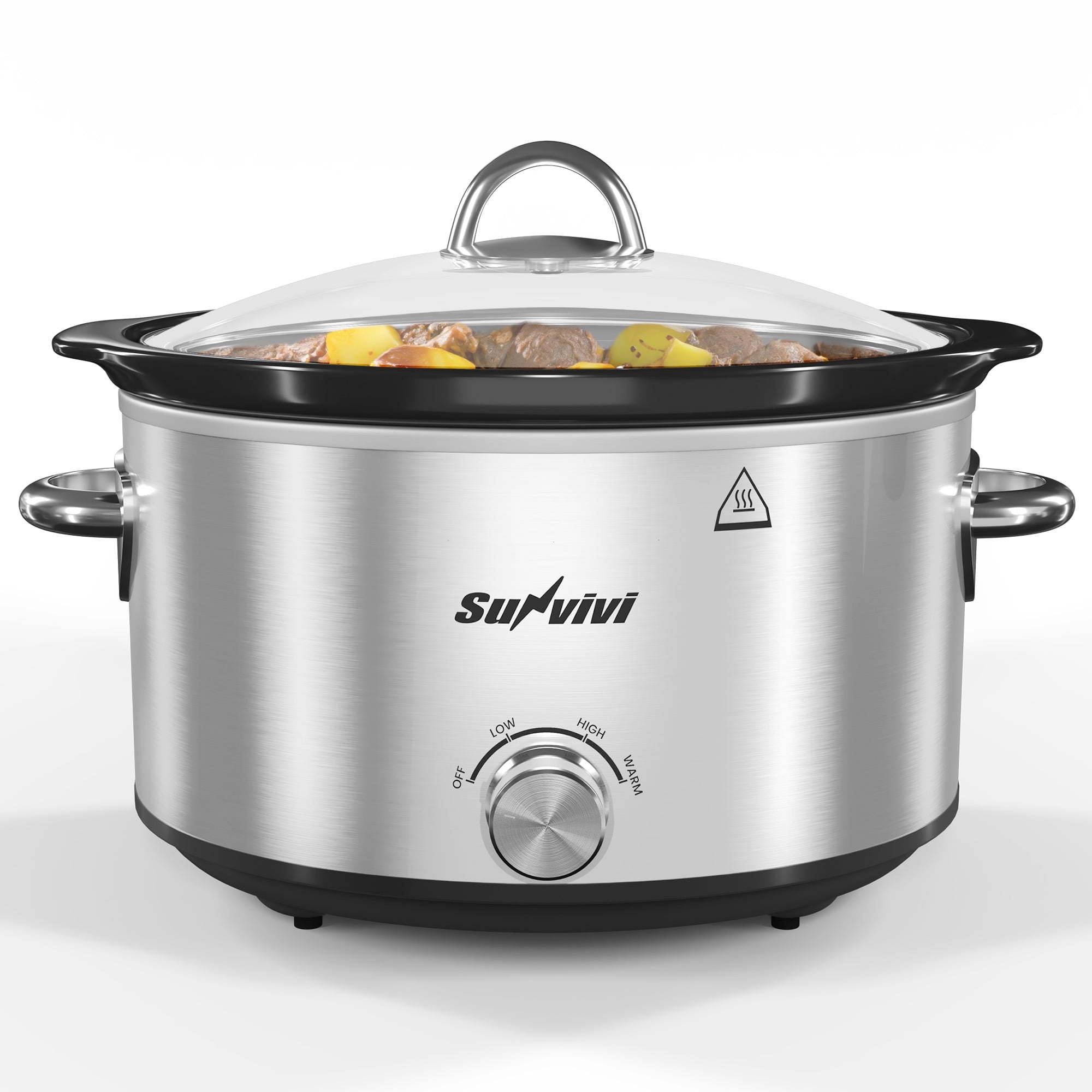 SUNVIVI Small Slow Cooker 4QT - Mini Food Warmer with 3 Heating Settings, Removable Ceramic Pot, Dishwasher Safe Glass Lid, Stainless Steel