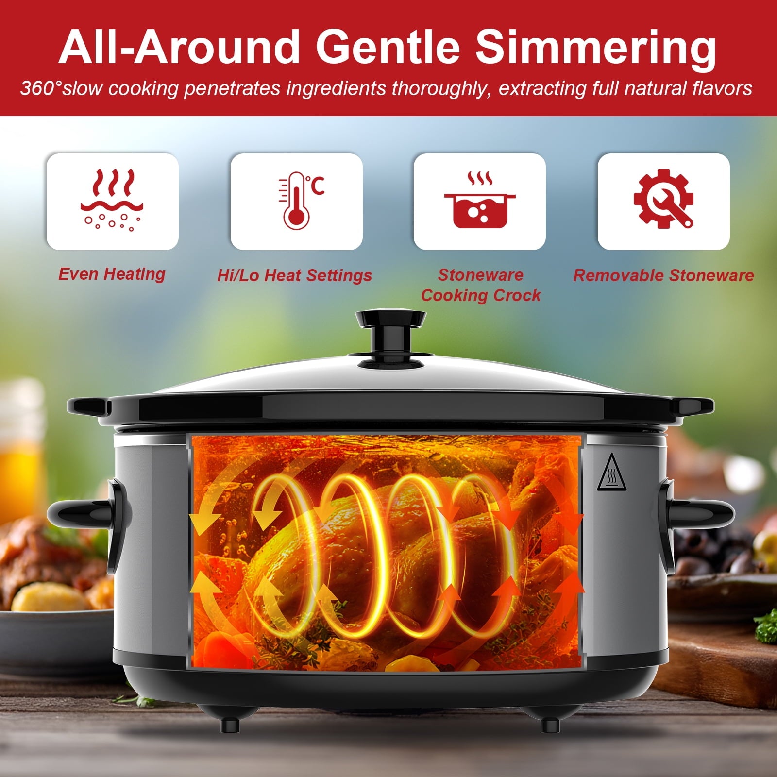 Bluebow 6QT Slow Cooker - Stoneware Crock with Removable Pot, 3 Heat Settings, Non-Stick & Auto Keep Warm, Stainless Steel