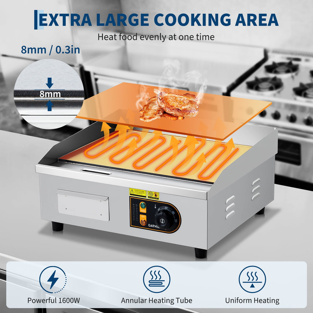 18" Commercial Electric Griddle - 1700W Non-Stick Flat Top Stainless Steel Grill - Adjustable Temp 122°F-572°F - Countertop Kitchen Appliance with 2 Shovels & 2 Brushes, Ideal for Home & Restaurant