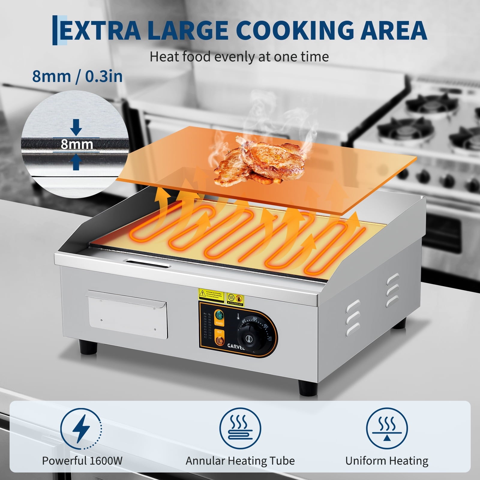 18" Commercial Electric Griddle - 1700W Non-Stick Flat Top Stainless Steel Grill - Adjustable Temp 122°F-572°F - Countertop Kitchen Appliance with 2 Shovels & 2 Brushes, Ideal for Home & Restaurant