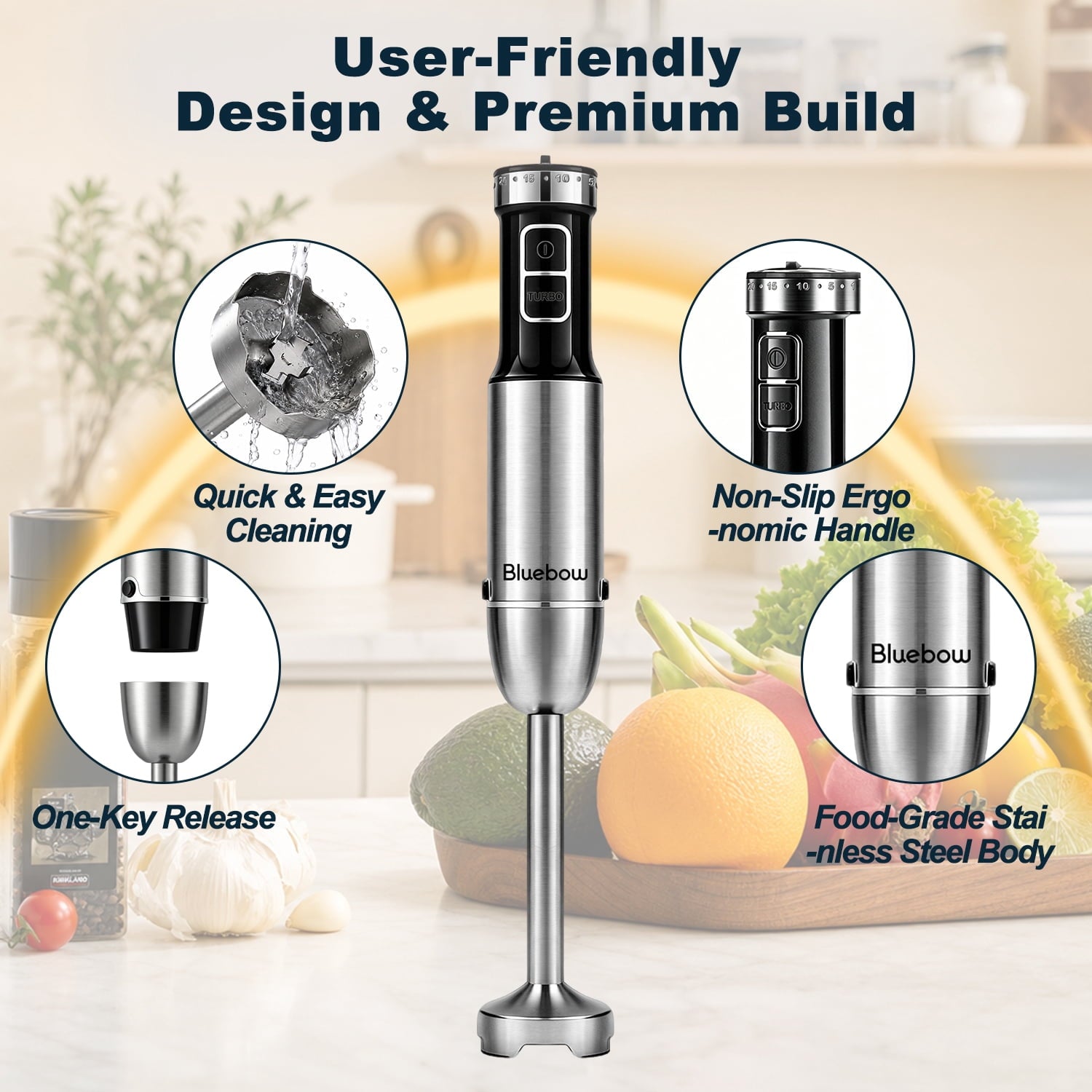 Bluebow Immersion Blender Handheld - 1100W 25 Speed 5-in-1 Stainless Steel Hand Blender with Turbo Mode, Scratch-Resistant Stick Blender for Kitchen Use, Purees Soups Smoothies, Black
