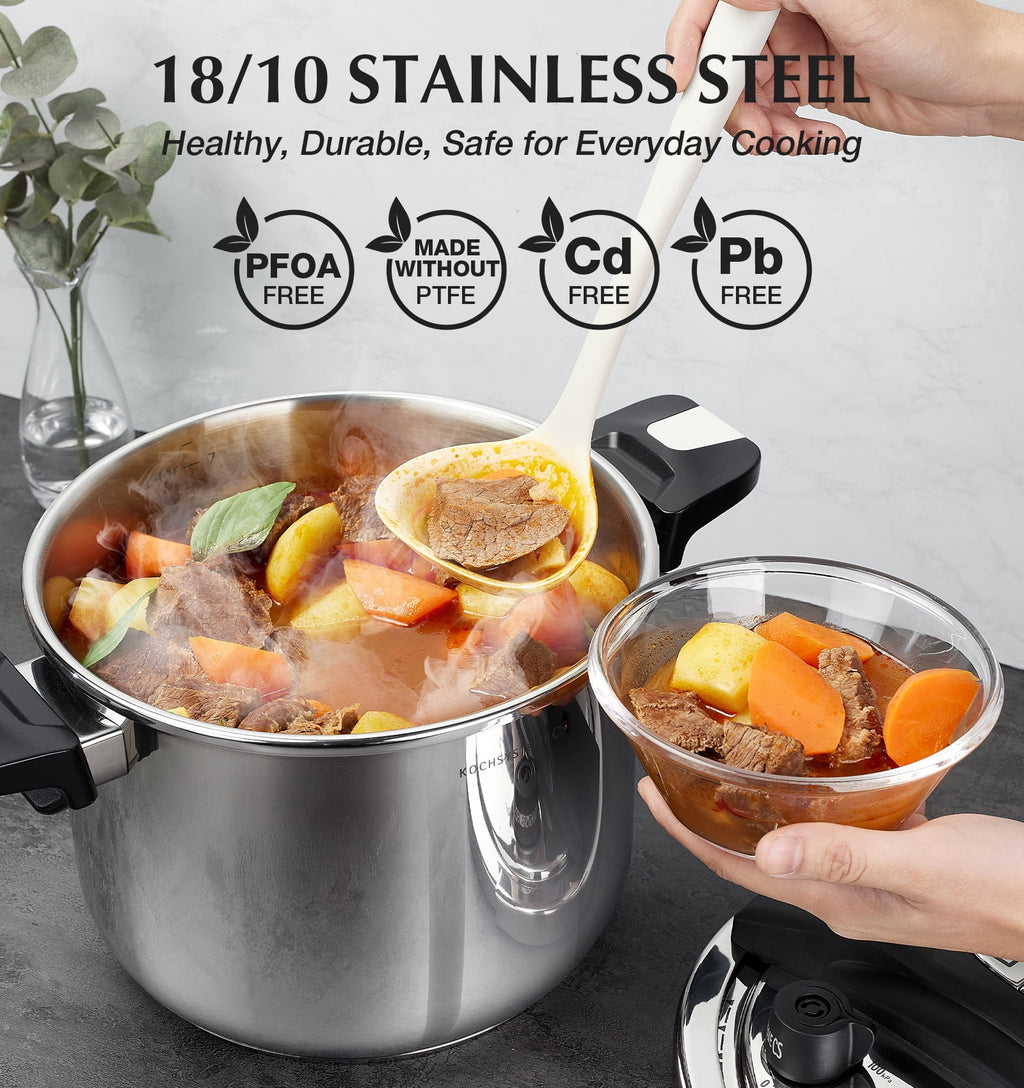 Koch Systeme CS 8.5-Quart Stainless Steel Pressure Cooker - 3-in-1 Olla de Presion, One-Hand Locking, Induction Pressure Cooker, Glass Lid & Steamer