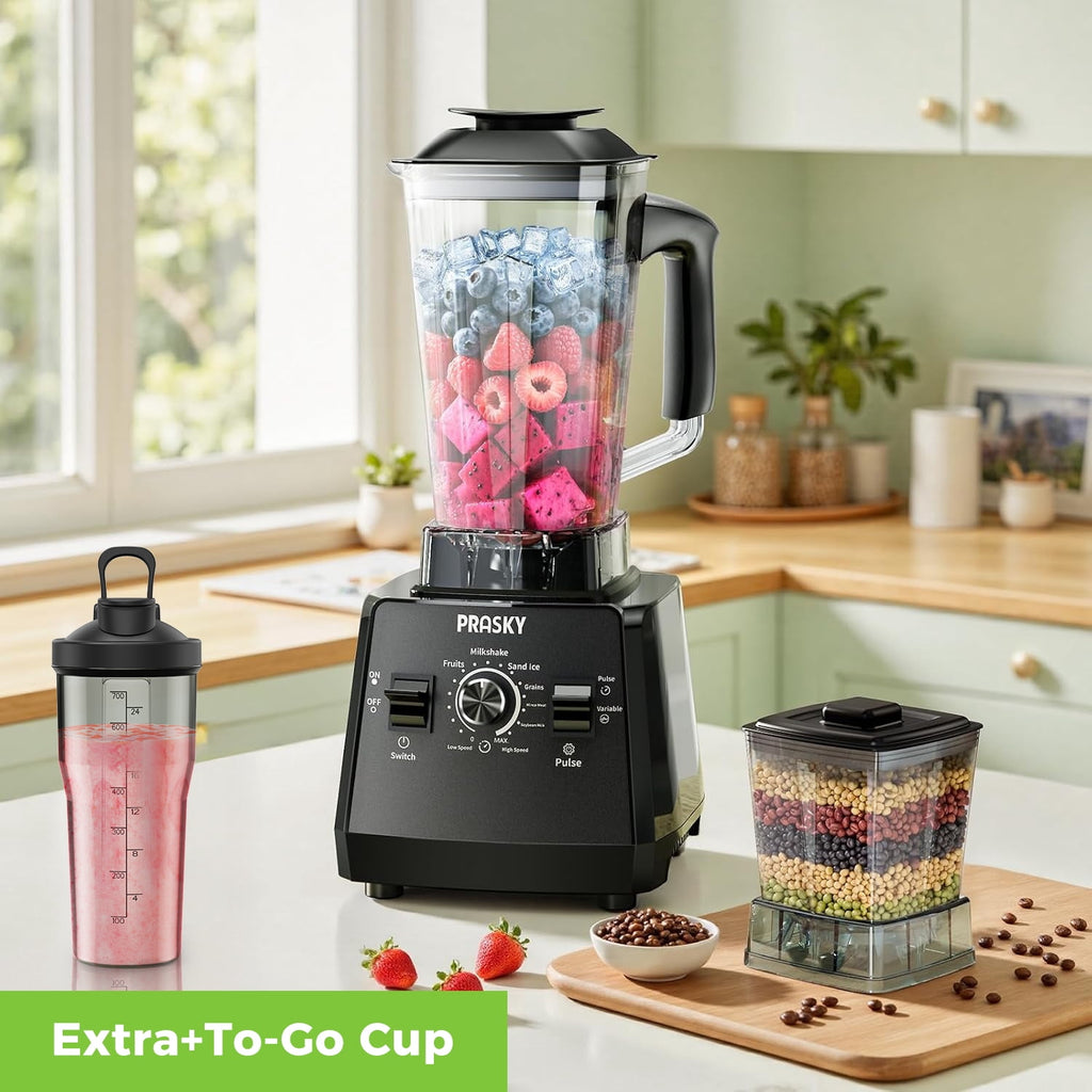 PRASKY Countertop Blender - 2-in-1 Professional Blender, 68oz Capacity 1000W 6 Speeds Blender for Kitchen with 25oz to-go Cup (Black)