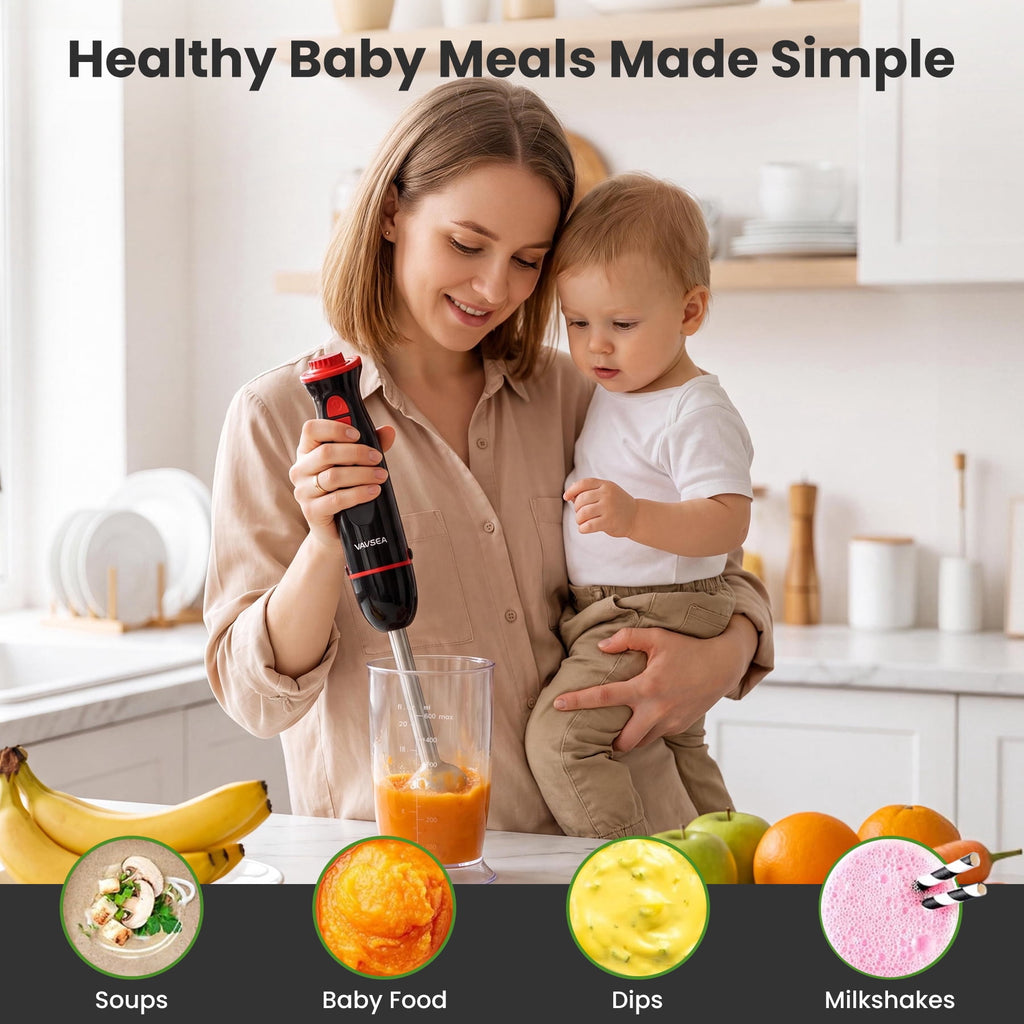 VAVSEA Immersion Blender - 1100W 5-in-1 Hand Blender, 24-Speed Stick Blender for Small Kitchen, Splash-Resistant Handheld Blender Mixer with Turbo Mode for Smoothies, Baby Food, Black