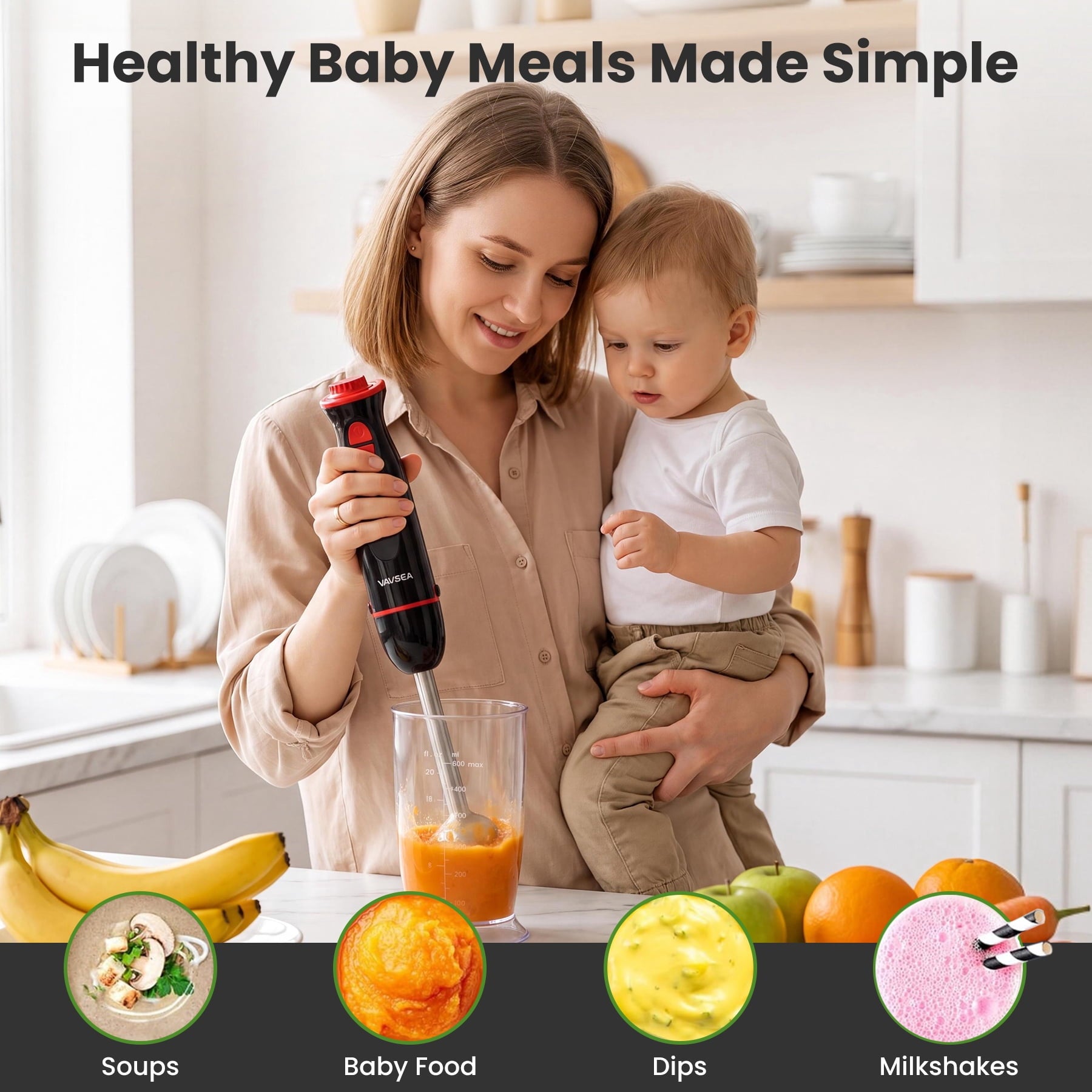 VAVSEA Immersion Blender - 1100W 5-in-1 Hand Blender, 24-Speed Stick Blender for Small Kitchen, Splash-Resistant Handheld Blender Mixer with Turbo Mode for Smoothies, Baby Food, Black