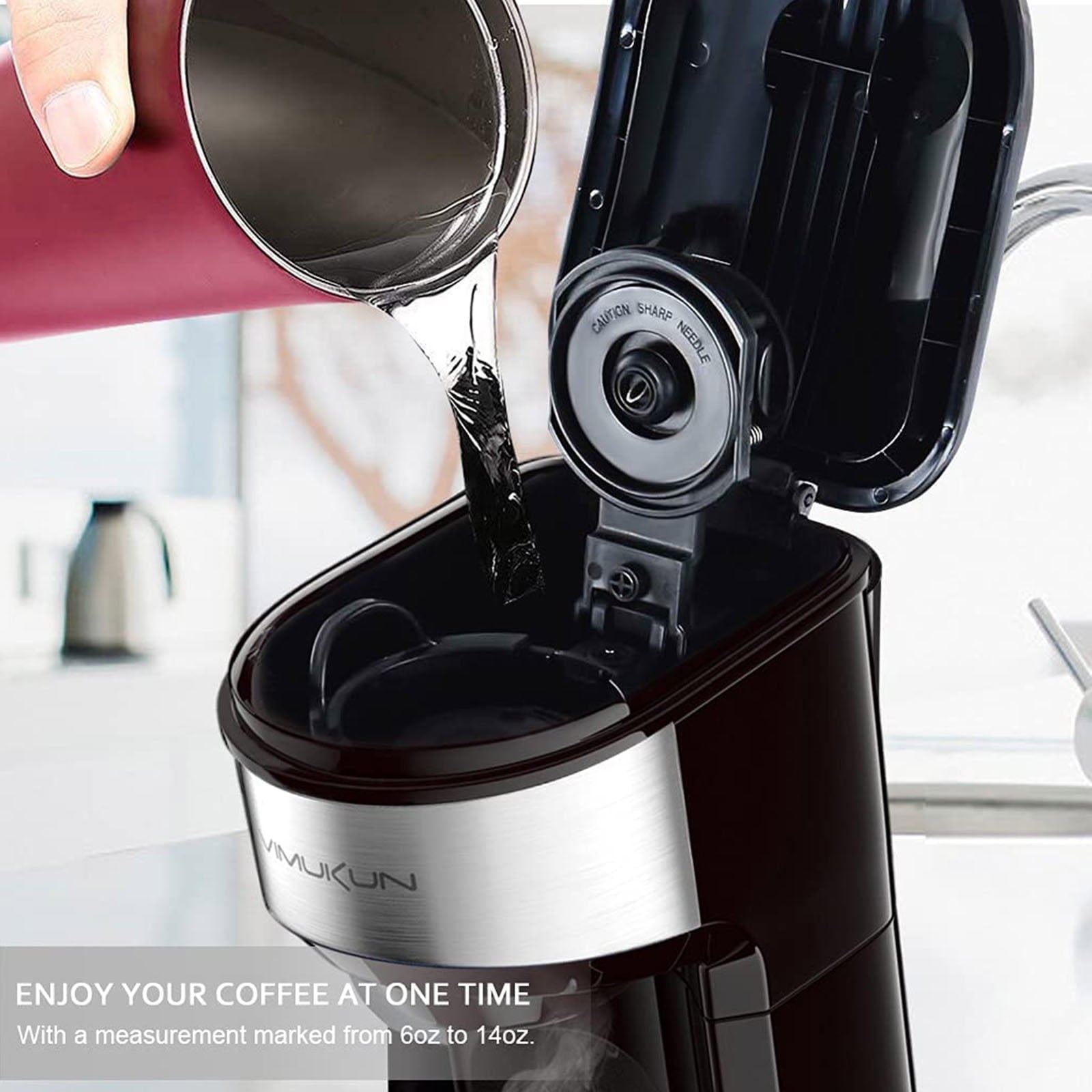 Coffee Maker - Single Serve Coffee Maker Machine 6 to 14 oz With Permanent Filter, Compatible with K Cup Pod & Ground Coffee, Mini Size Black