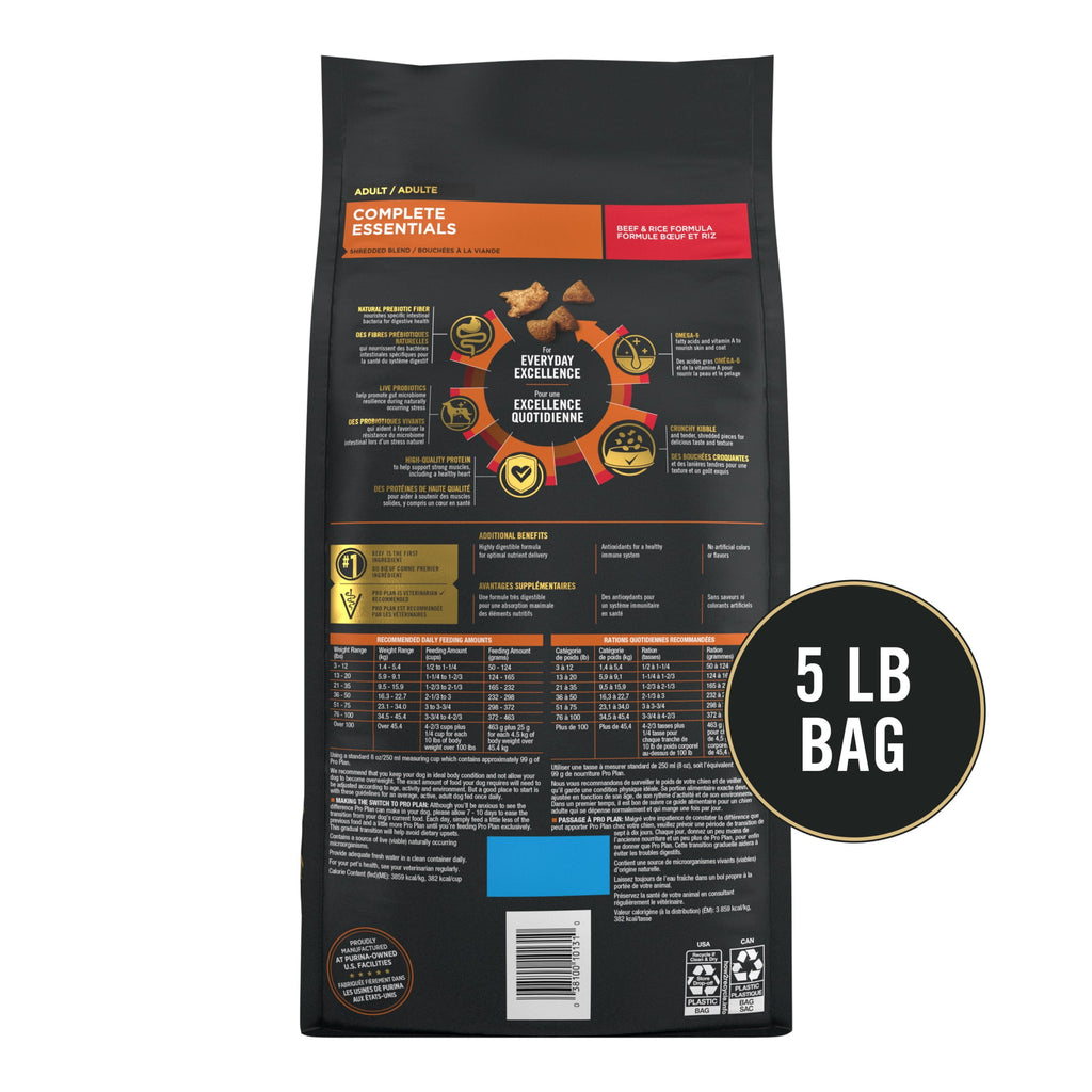 Purina Pro Plan Complete Essentials Shredded Blend Beef and Rice Dry Dog Food Formula with Probiotics for Dogs - 5 lb Bag