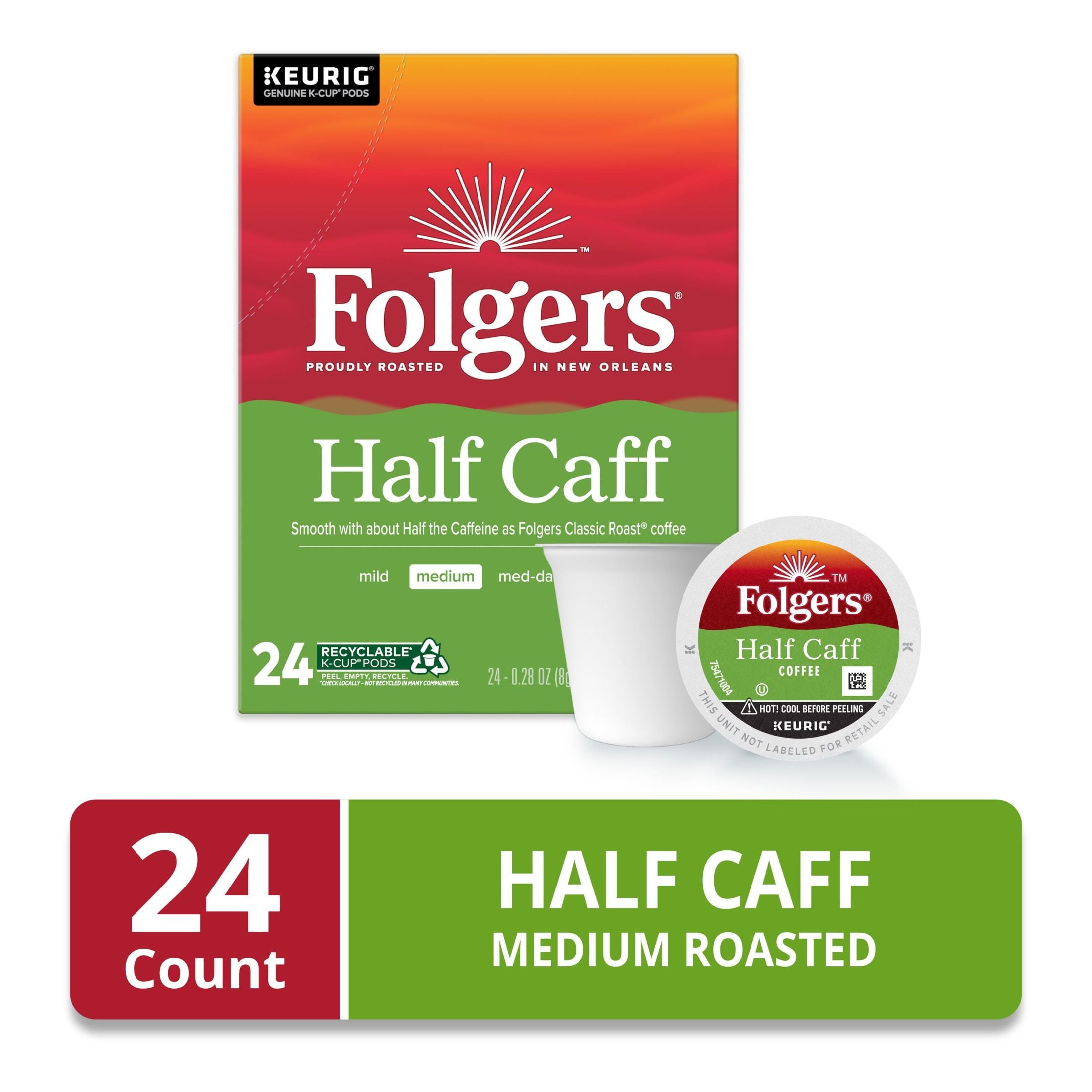 (Folgers 1/2 Caff Coffee - Medium Roast Coffee, Keurig K Cup Pods, 24 Count Box - 4-Pack