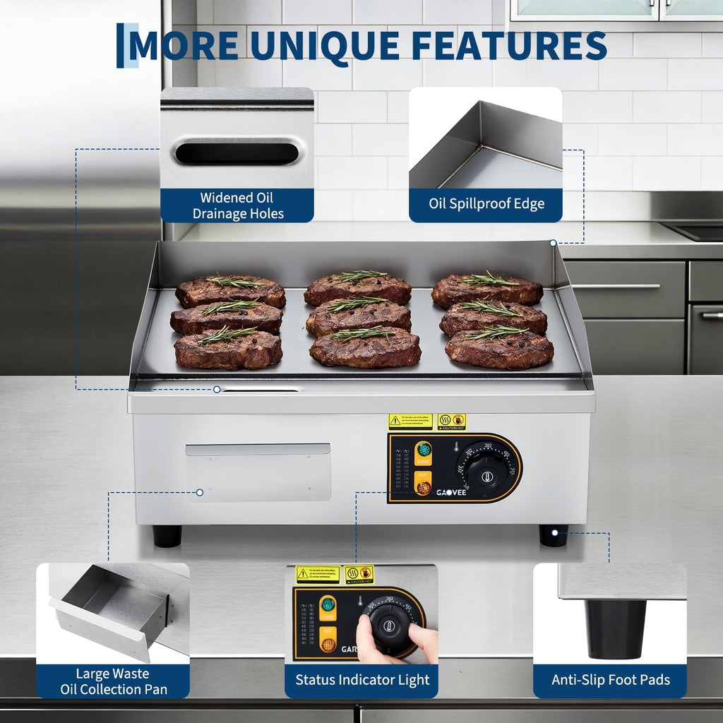 18" Commercial Electric Griddle - 1700W Non-Stick Flat Top Stainless Steel Grill - Adjustable Temp 122°F-572°F - Countertop Kitchen Appliance with 2 Shovels & 2 Brushes, Ideal for Home & Restaurant