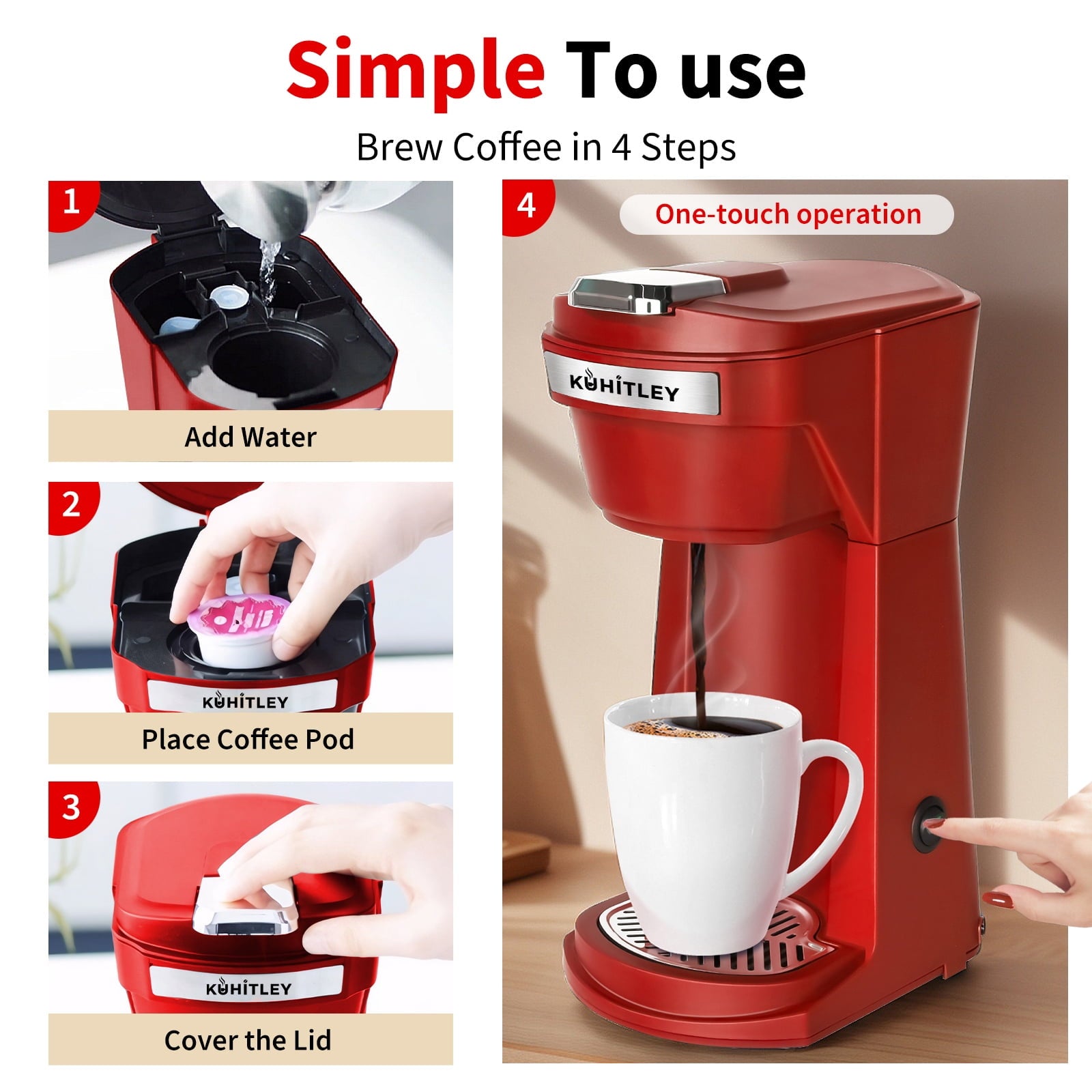 2 in 1 Single Serve Coffee Maker for K Cup Pods & Ground Coffee - Mini K Cup Coffee Machine with 6 to 14 oz Brew Sizes, Single Cup Coffee Brewer with One-Press Fast Brewing, Reusable Filters, Red