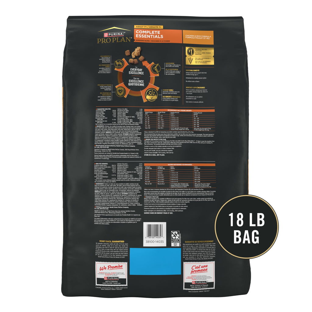 Purina Pro Plan Complete Essentials for Adult Dogs Chicken Rice with Probiotics - Shredded Blend, 18 lb Bag