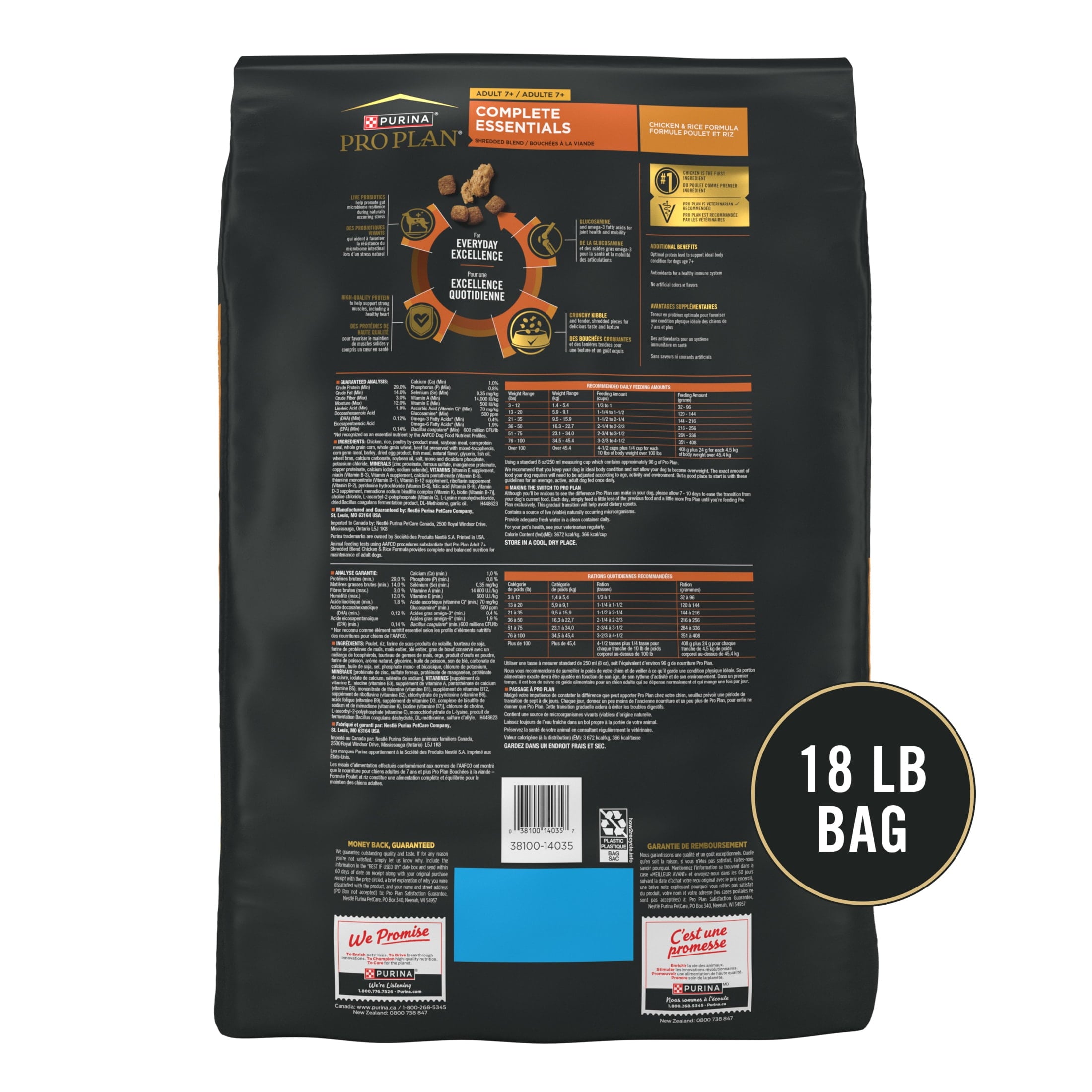 Purina Pro Plan Complete Essentials for Adult Dogs Chicken Rice with Probiotics - Shredded Blend, 18 lb Bag