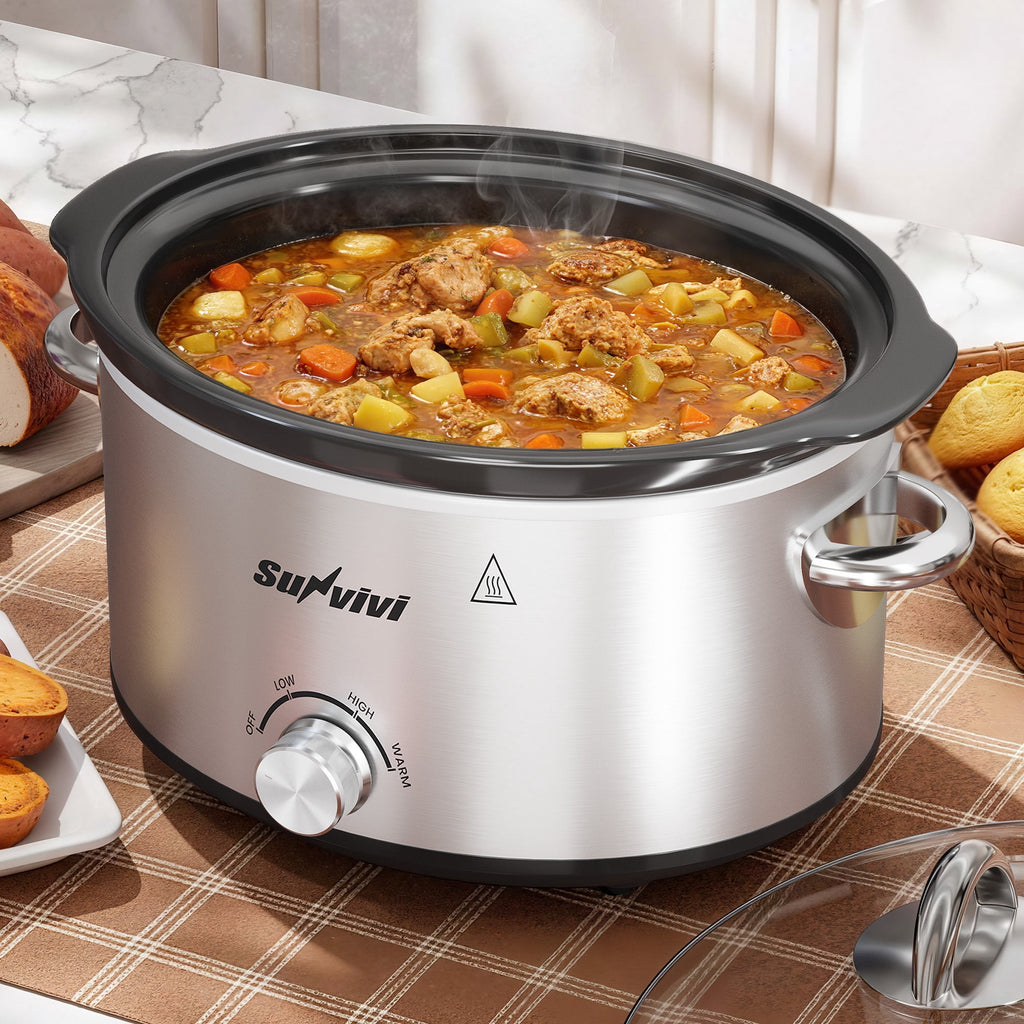SUNVIVI Small Slow Cooker 4QT - Mini Food Warmer with 3 Heating Settings, Removable Ceramic Pot, Dishwasher Safe Glass Lid, Stainless Steel