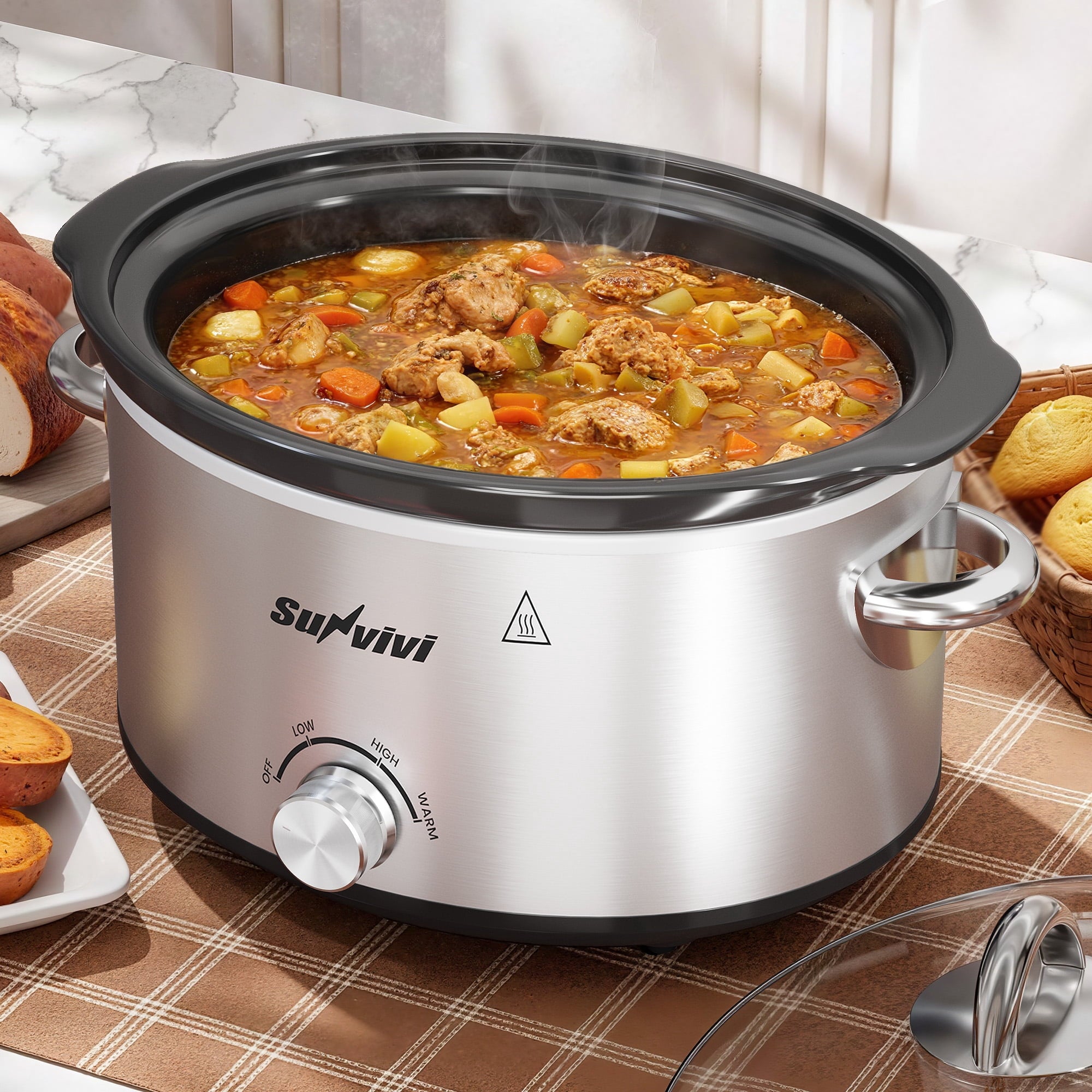 SUNVIVI Small Slow Cooker 4QT - Mini Food Warmer with 3 Heating Settings, Removable Ceramic Pot, Dishwasher Safe Glass Lid, Stainless Steel