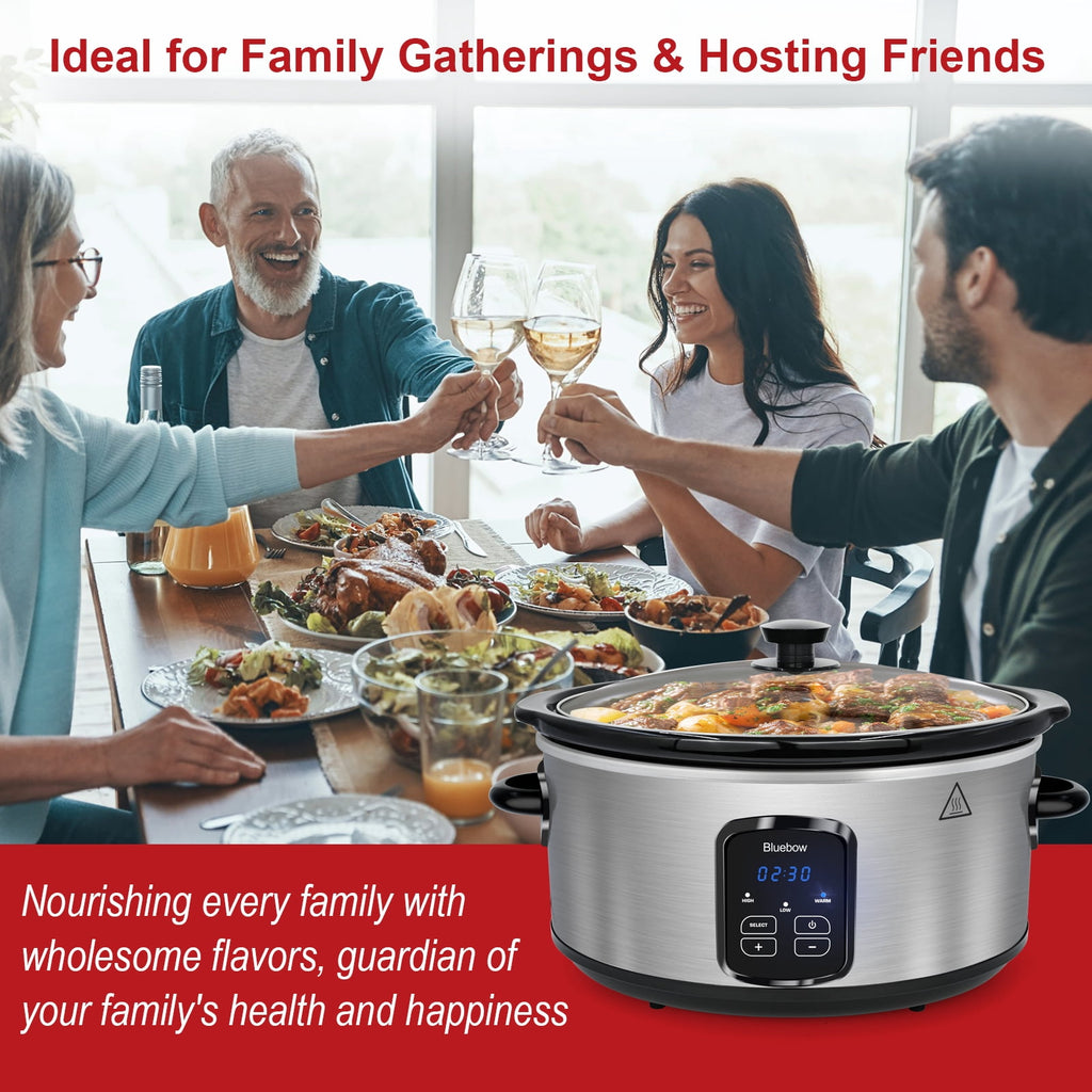 Bluebow 6QT Slow Cooker - Stoneware Crock with Removable Pot, 3 Heat Settings, Non-Stick & Auto Keep Warm, Stainless Steel