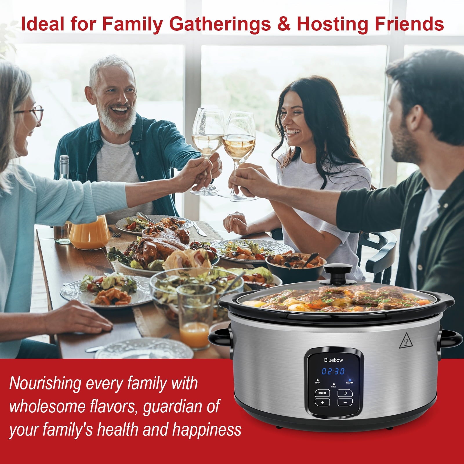 Bluebow 6QT Slow Cooker - Stoneware Crock with Removable Pot, 3 Heat Settings, Non-Stick & Auto Keep Warm, Stainless Steel