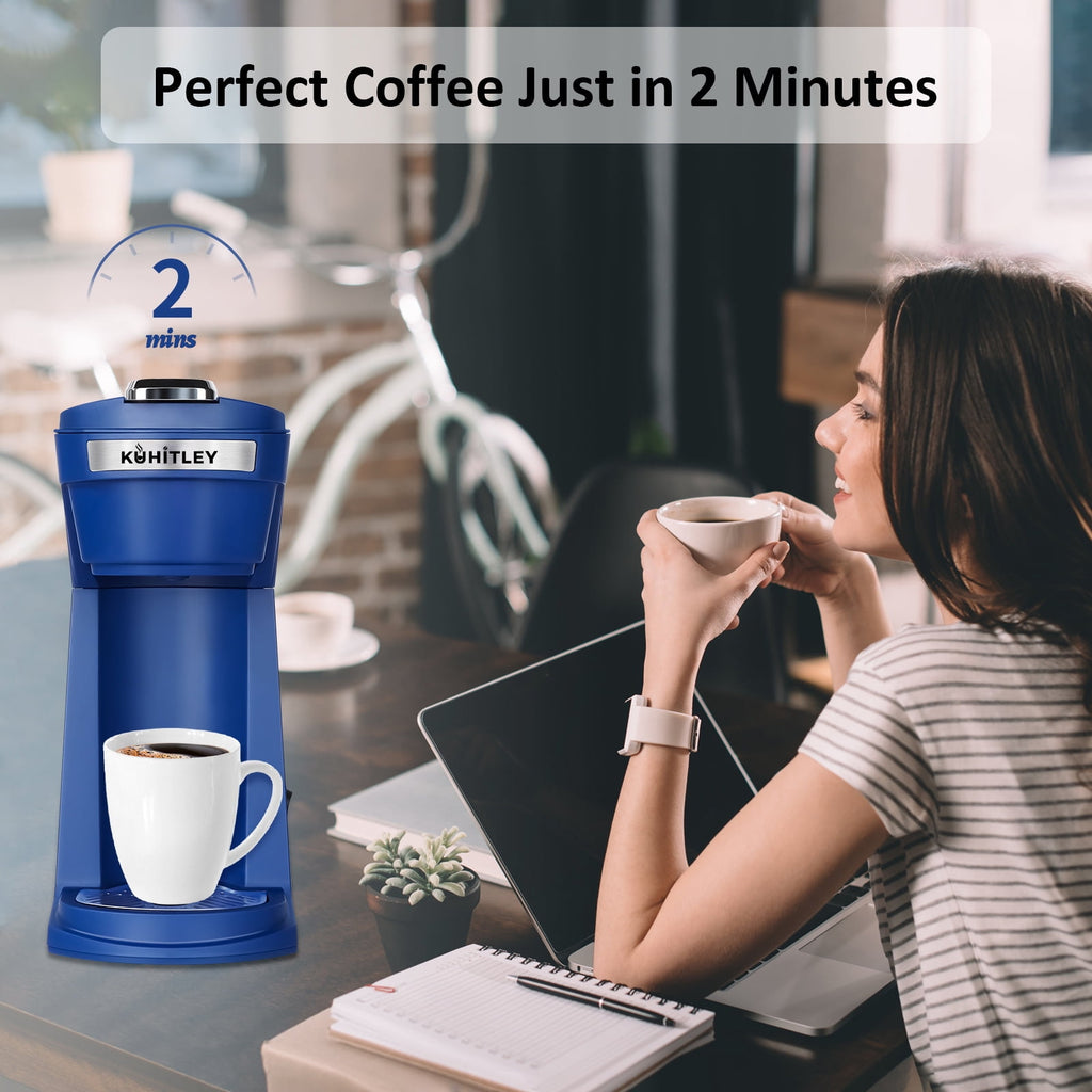 2 in 1 Single Serve Coffee Maker for K Cup Pods & Ground Coffee - Mini K Cup Coffee Machine with 6 to 14 oz Brew Sizes, Single Cup Coffee Brewer with One-Press Fast Brewing, Reusable Filters, Blue