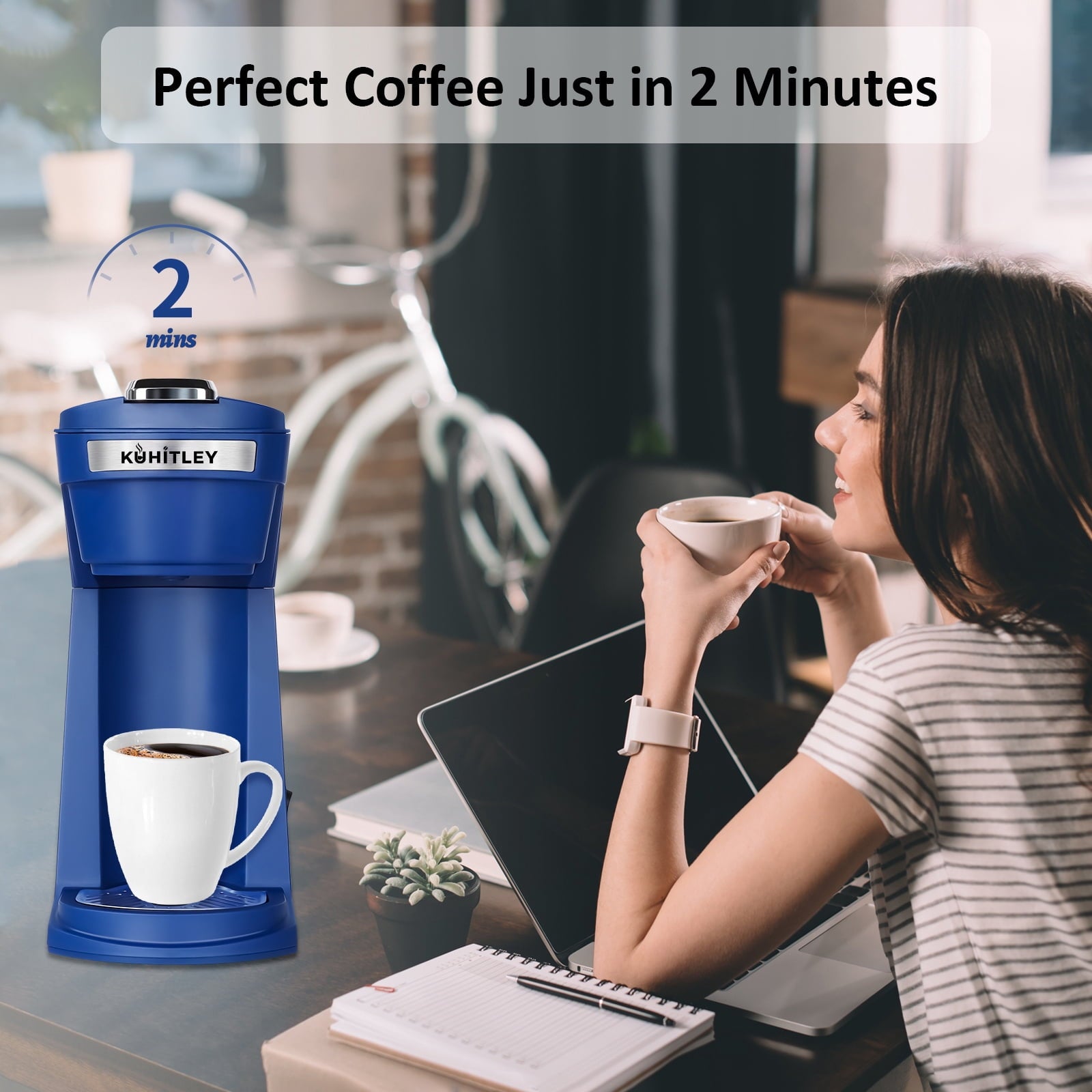 2 in 1 Single Serve Coffee Maker for K Cup Pods & Ground Coffee - Mini K Cup Coffee Machine with 6 to 14 oz Brew Sizes, Single Cup Coffee Brewer with One-Press Fast Brewing, Reusable Filters, Blue