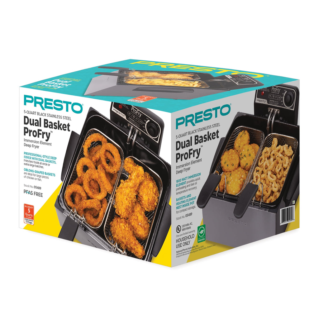 Presto 5 Qt Dual Basket Pro Fry Immersion Element Black Deep Fryer 05489