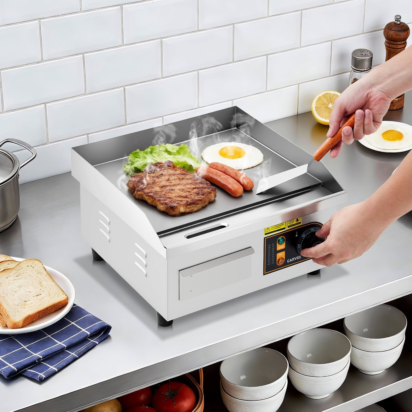 14" Commercial Electric Griddle - 1700W Non-Stick Flat Top Stainless Steel Grill - Adjustable Temp 122°F-572°F - Countertop Kitchen Appliance with 2 Shovels & 2 Brushes, Ideal for Home & Restaurant