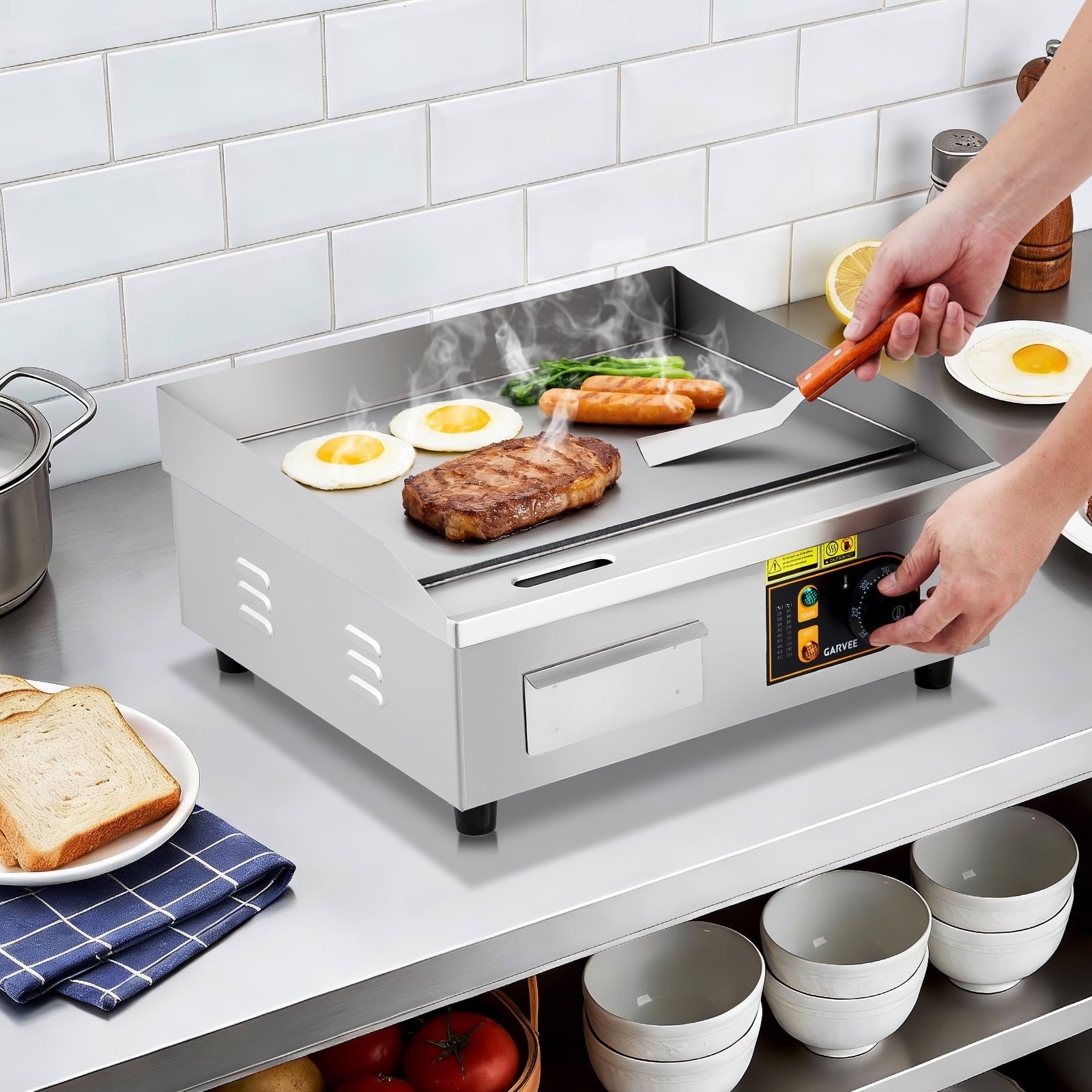 18" Commercial Electric Griddle - 1700W Non-Stick Flat Top Stainless Steel Grill - Adjustable Temp 122°F-572°F - Countertop Kitchen Appliance with 2 Shovels & 2 Brushes, Ideal for Home & Restaurant