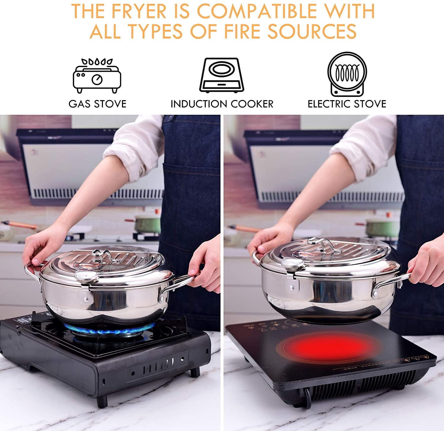 ZLF Deep Fryer Pot - 304 Stainless Steel Frying Pot with Oil Drain, Temperature Control and Lid, Tempura Deep Fryer Pot for Kitchen Stove/Induction Cooker French Fries Fryer 9.4"