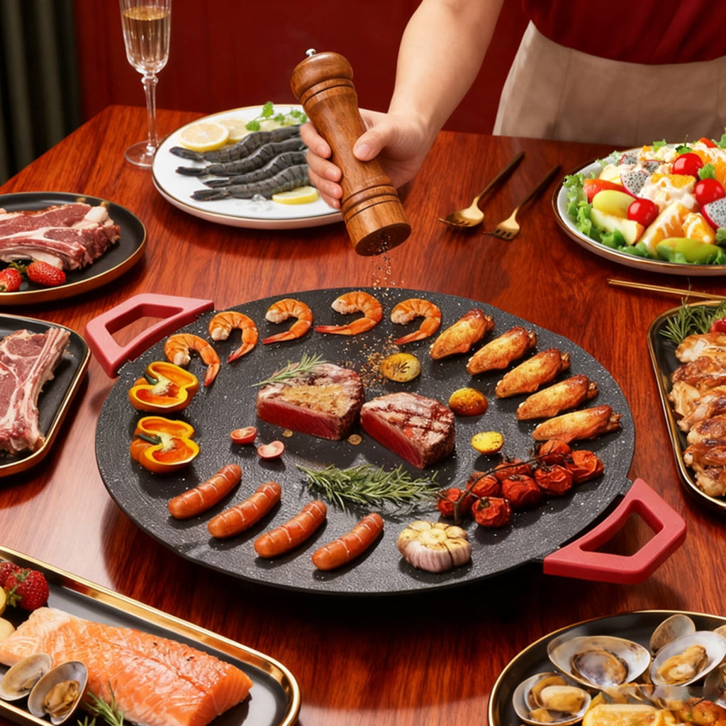 Electric Indoor Grill - 14 inch Nonstick Smokeless Round Griddle with Temperature Control for Kitchen BBQ Steak Pancakes