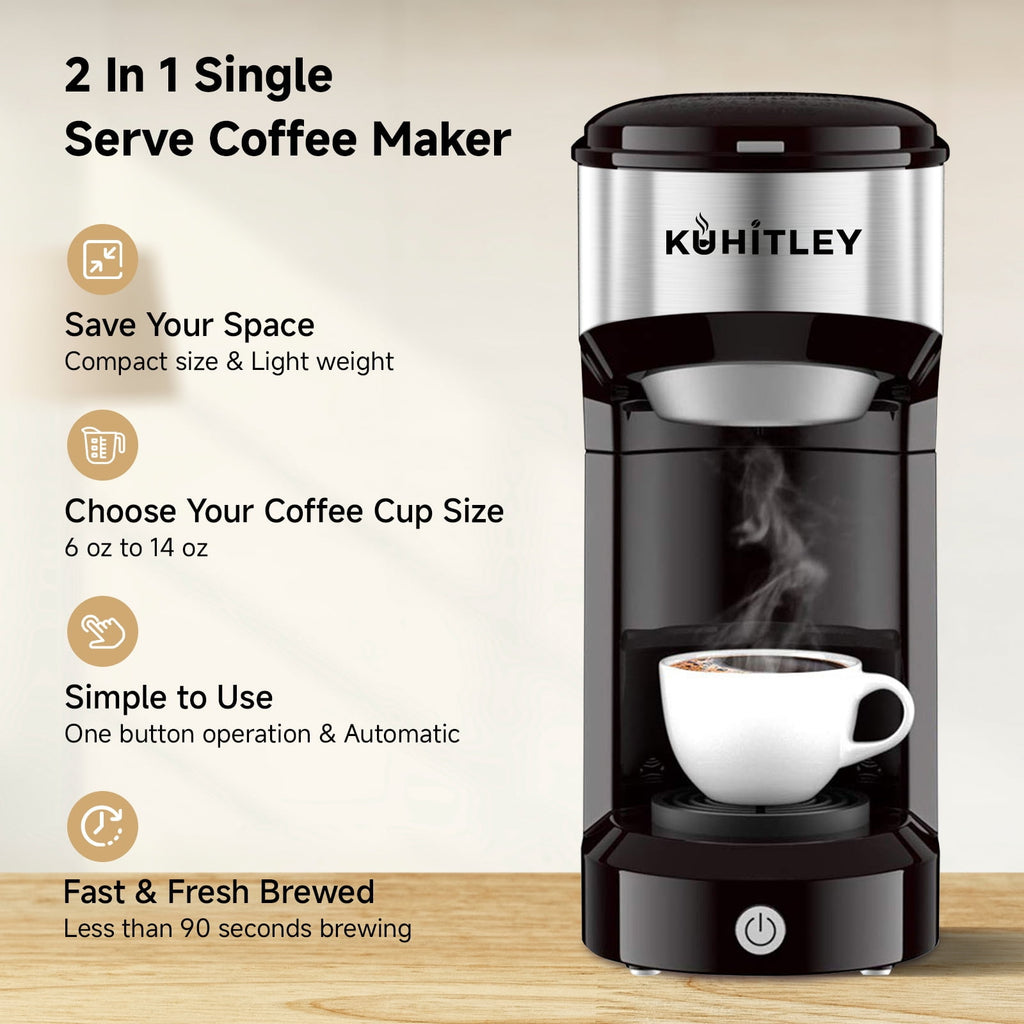 MINI Single Serve Coffee Maker - Instant Coffee Maker One Cup for K Cup & Ground Coffee, Portable Capsule Coffee Machine with 6 to 14oz Reservoir, 90 Seconds Fast Brewing and One Button Operation
