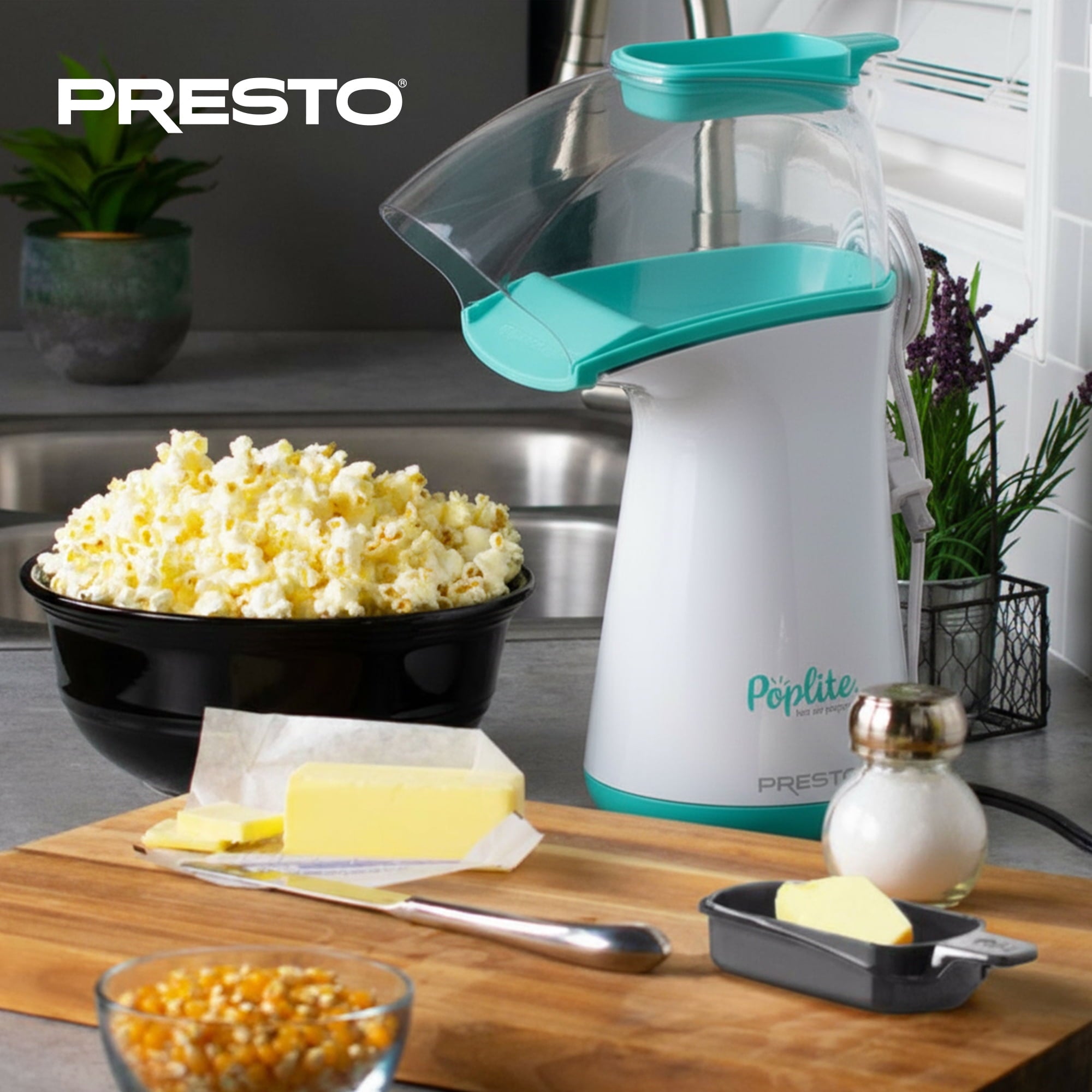 Presto 04869 PopLite Hot Air Popper Popcorn Maker for Home Kitchen - 18 Cups, Aqua/White