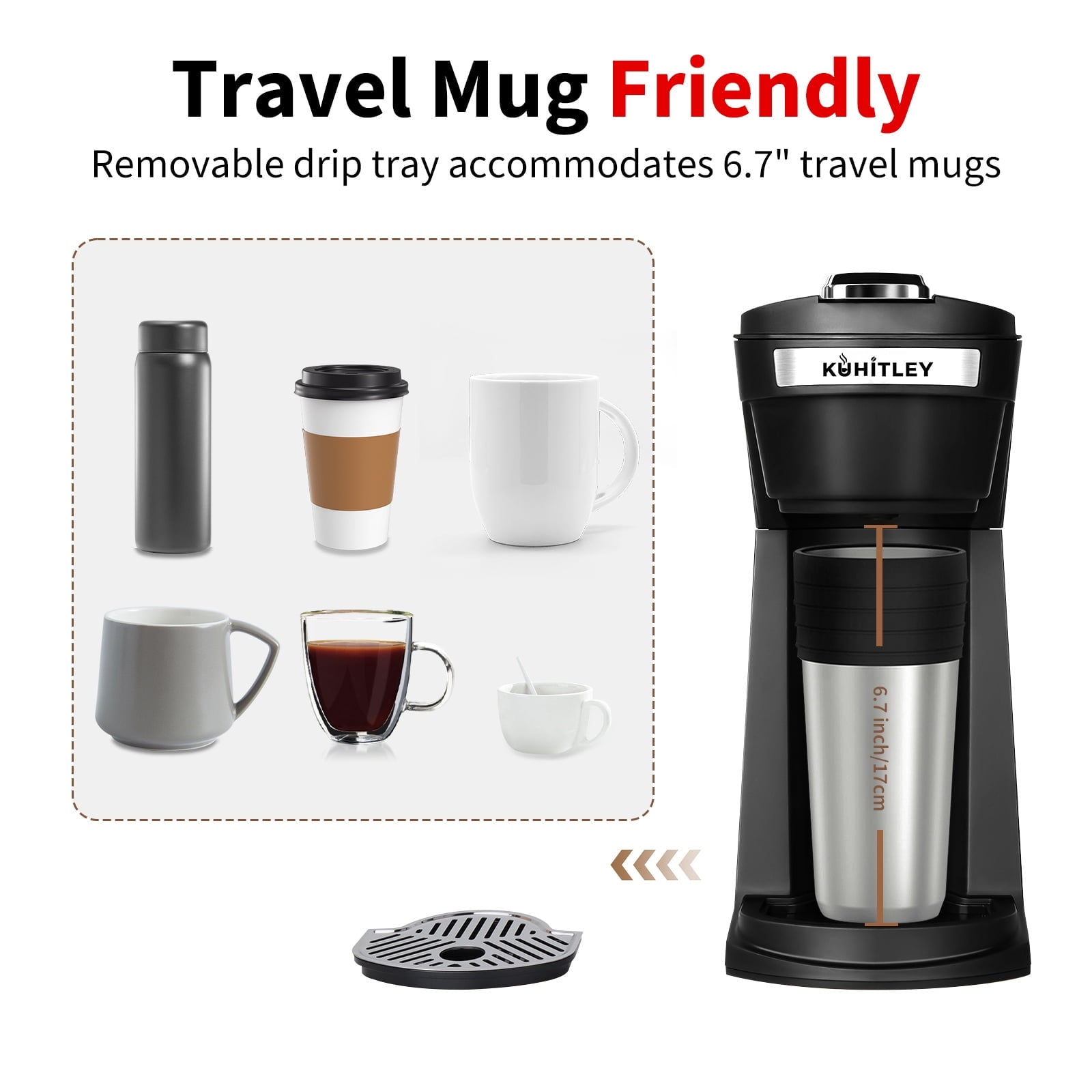 2 in 1 Single Serve Coffee Maker for K Cup Pods & Ground Coffee - Mini K Cup Coffee Machine with 6 to 14 oz Brew Sizes, Single Cup Coffee Brewer with One-Press Fast Brewing, Reusable Filters, Black