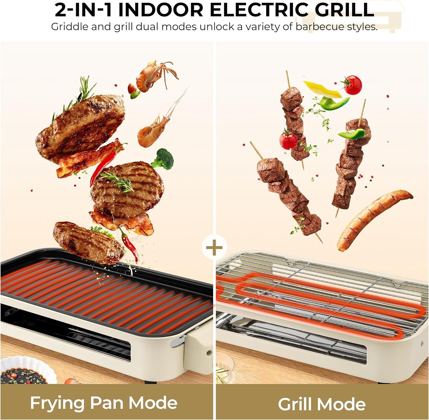 Electric Indoor Grill - 2 in 1 Indoor Grills for Kitchen with Grill Net & Non-Stick Cooking Removable Plate, Temperature Control, Dishwasher Safe, 1500W Smokeless barbecue