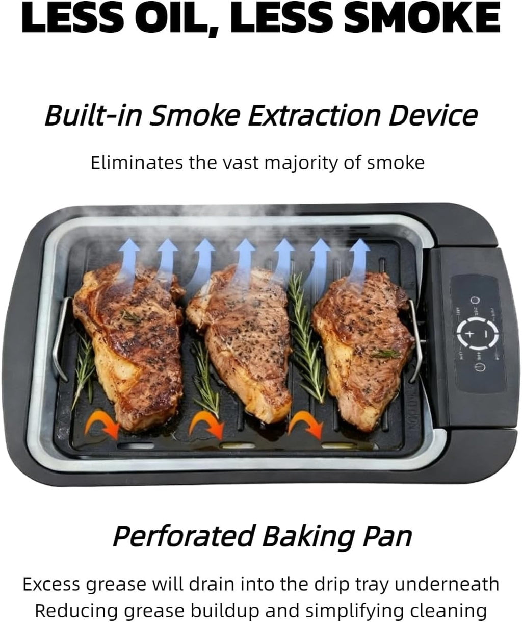 Indoor Smokeless Grill - 1100W Non-stick Table Top Electric Gill for BBQ and Indoor Grilling, 6-Speed Temperature Control Fast Heat Up, Dishwasher Safe, Serves 4-6 people, 16.2x11.2in