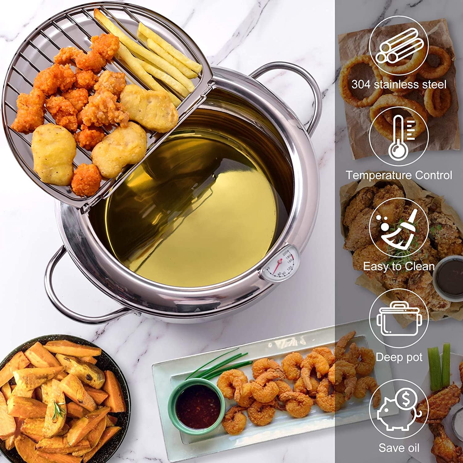 ZLF Deep Fryer Pot - 304 Stainless Steel Frying Pot with Oil Drain, Temperature Control and Lid, Tempura Deep Fryer Pot for Kitchen Stove/Induction Cooker French Fries Fryer 9.4"